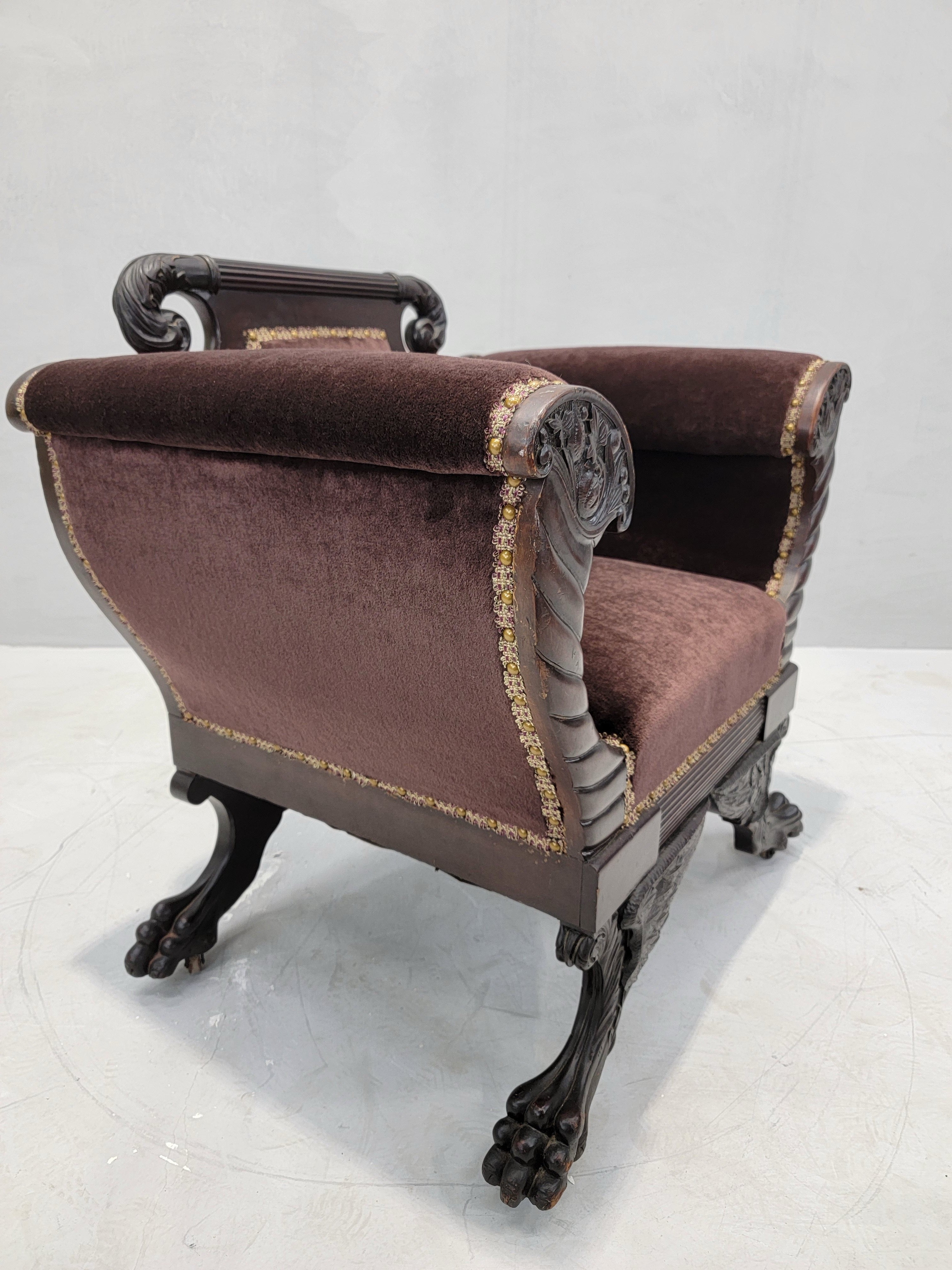 American Empire Mahogany Armchair Newly Reupholstered in Mohair