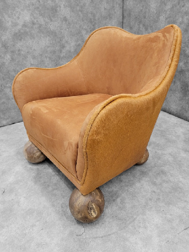 Vintage Rustic Contemporary Sculptural Club Chairs Newly Upholstered in Suede and Cowhide - Pair