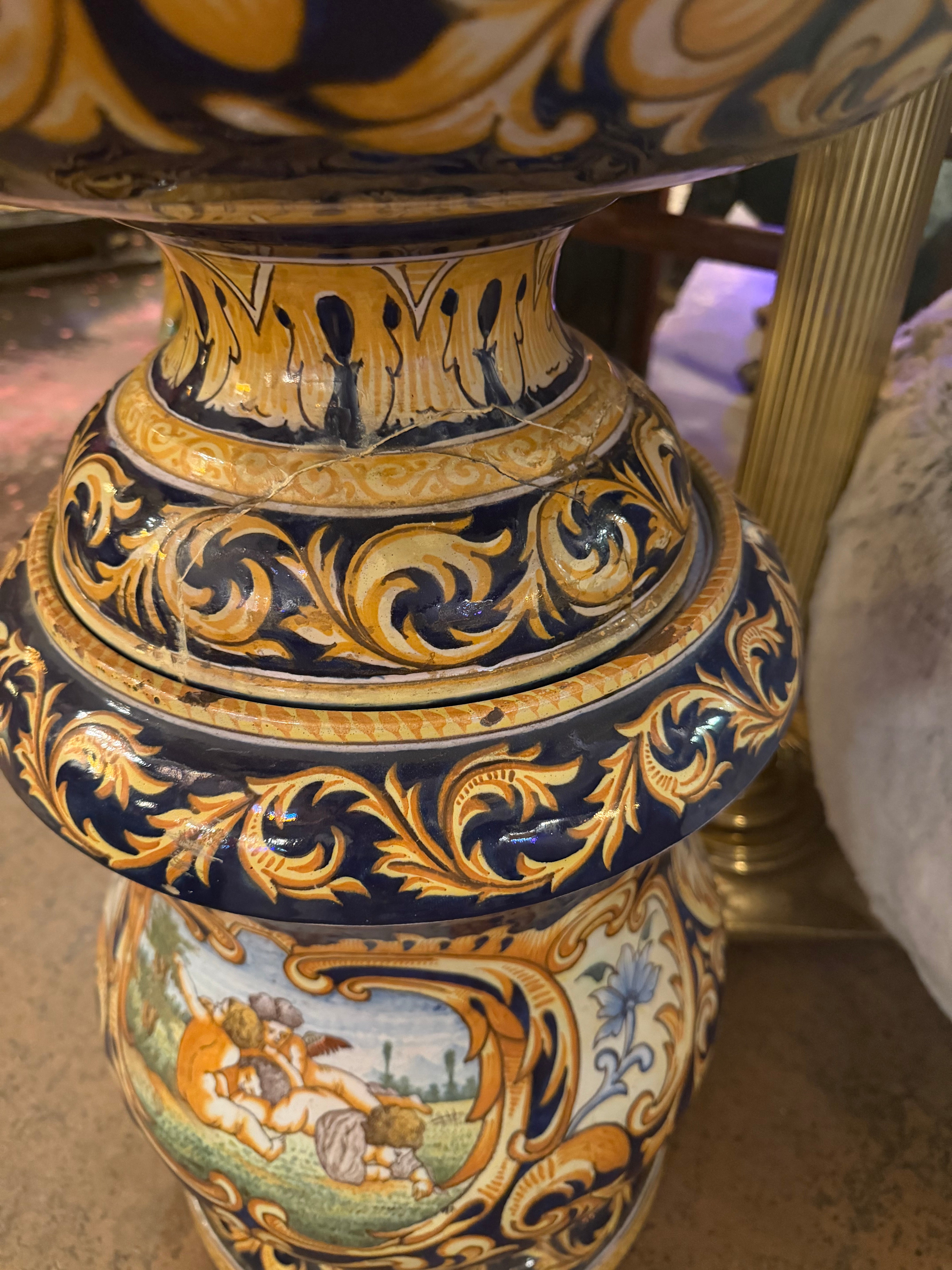 Antique French Montagnon Nevers Majolica Jardinière on Pedestal