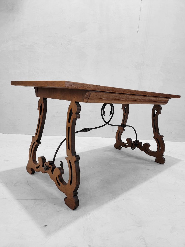 Antique Spanish Baroque Style Walnut Trestle Table with Forged Wrought Iron and a Drawer