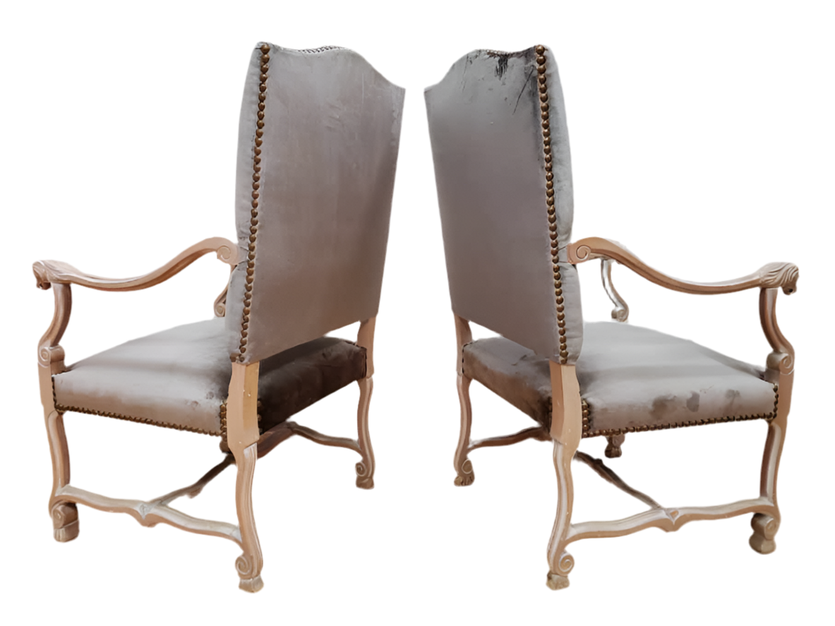 Antique French Carved Figural Chairs Newly Upholstered - Pair