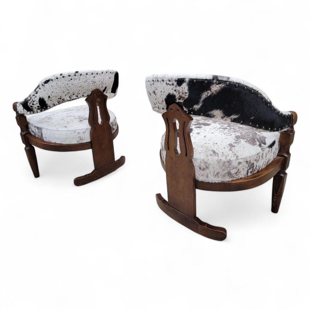 Modern Asian Inspired Carved Curved Back 3 Leg Dining Chairs Upholstered in Cowhide - Set of 4