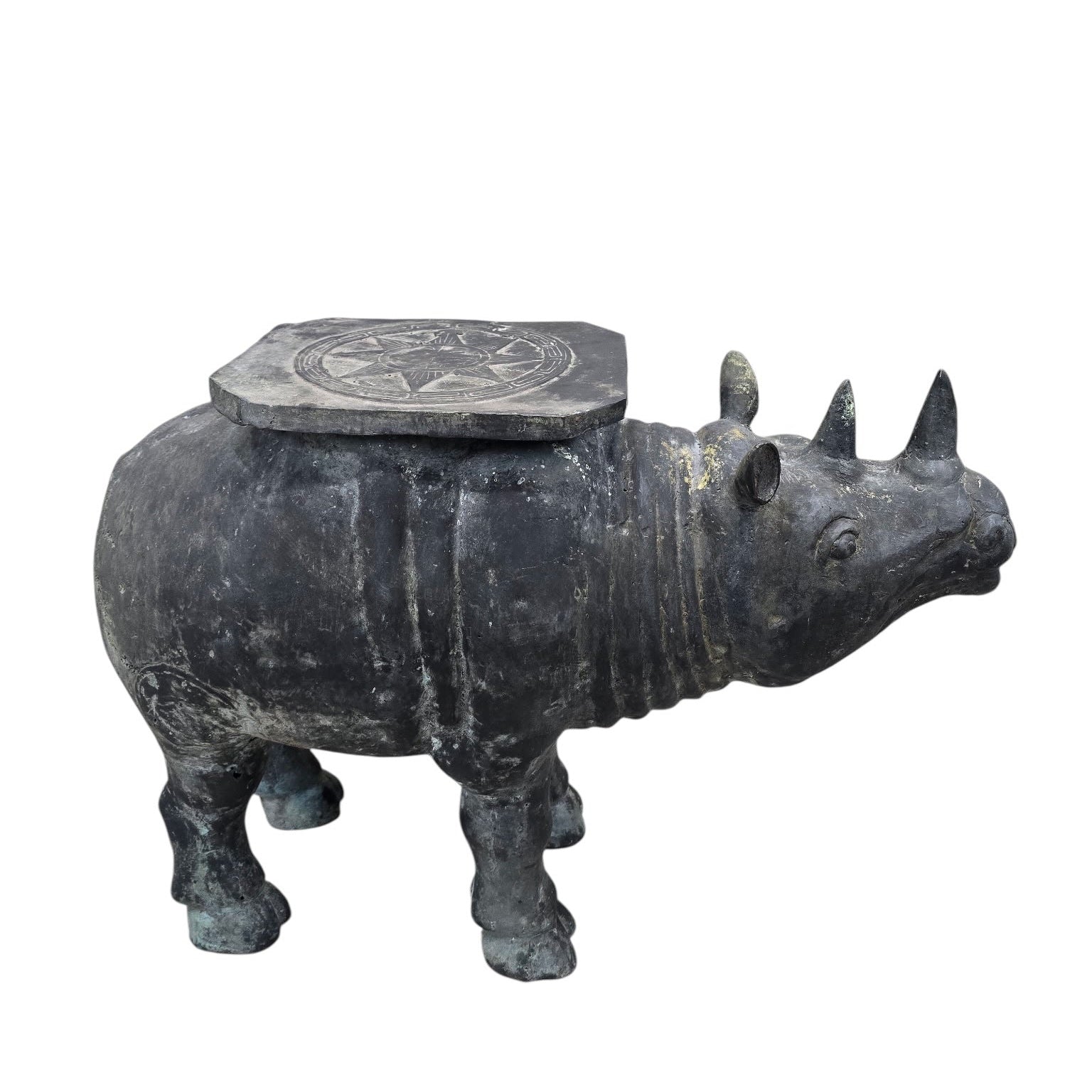 Antique Balinese Hammered Bronze Rhino Plant Stands / Cocktail Tables – Set of 2