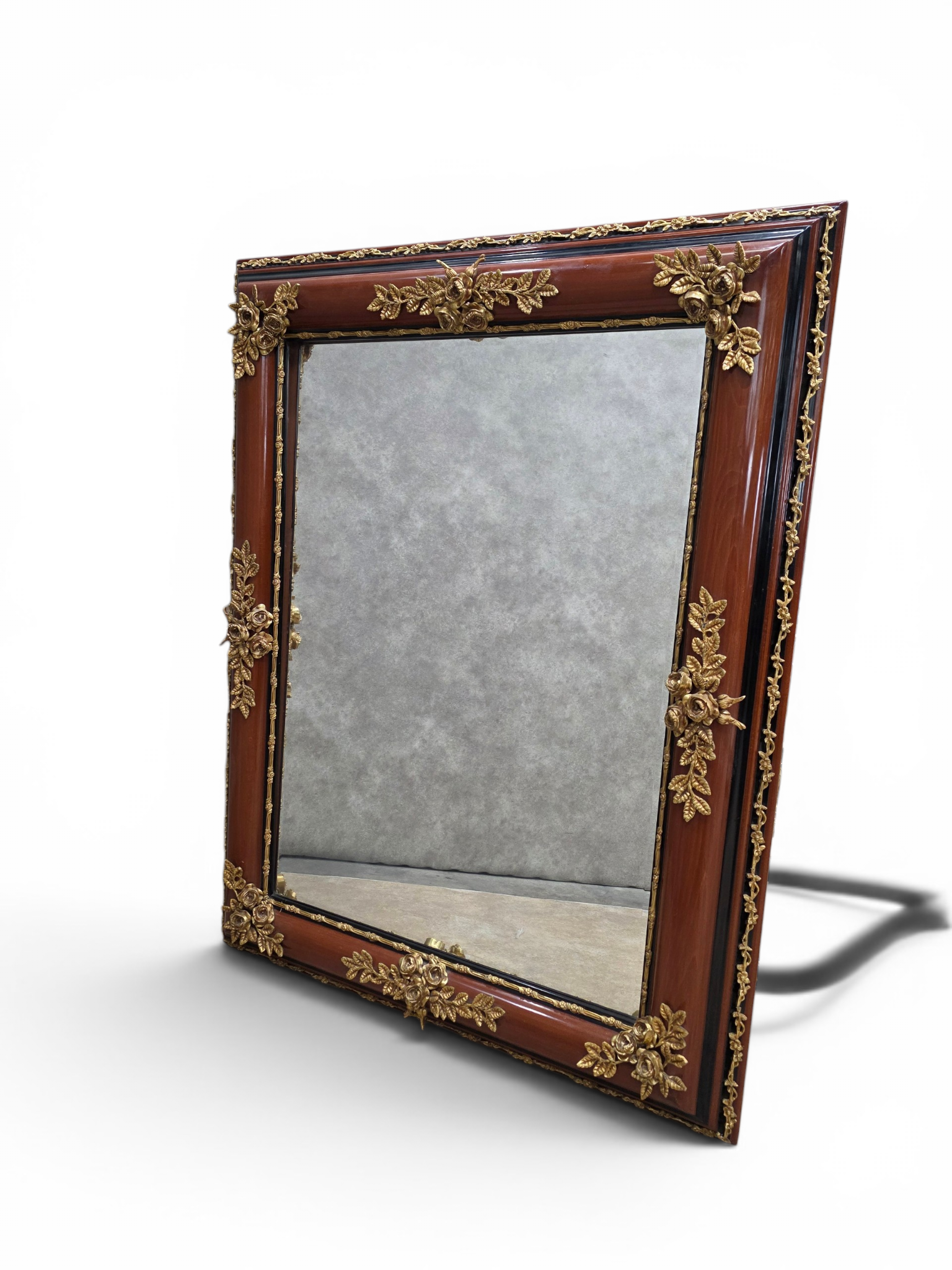 New - Antique French Louis XVI Napoleon III Style Mahogany, Gilt Bronze & Black Marble Console Table with Matching Mirror