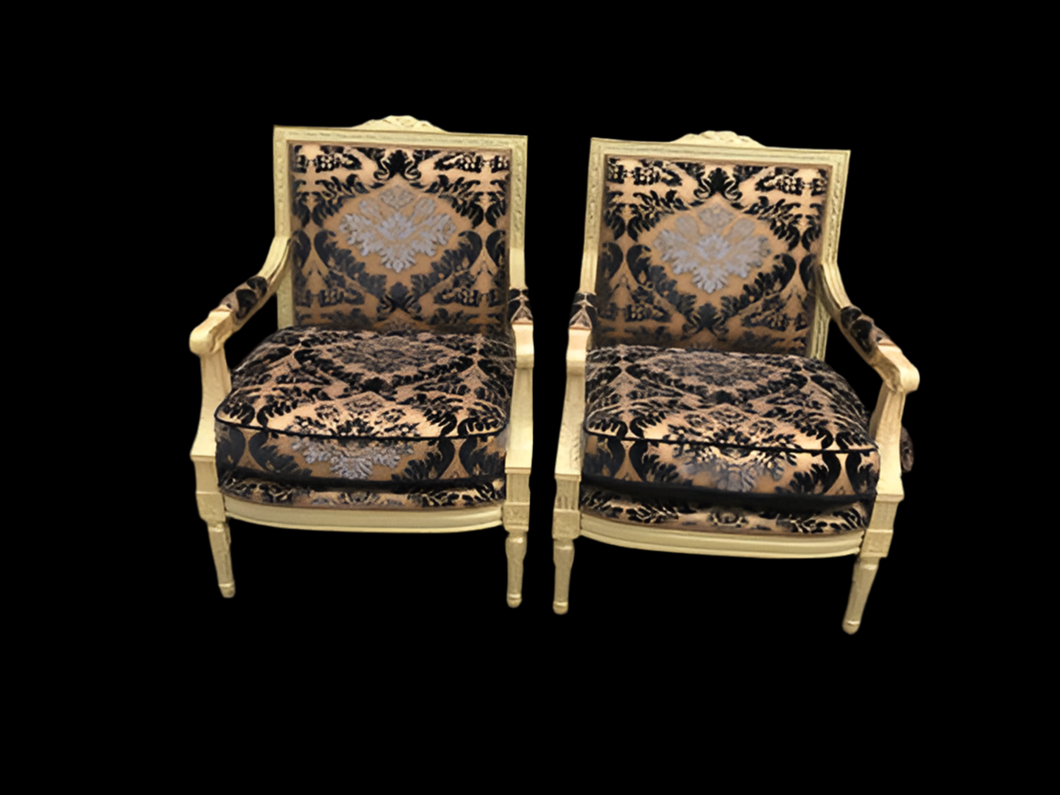 Antique Victorian Carved Gold Frame Chairs Newly Upholstered - Pair