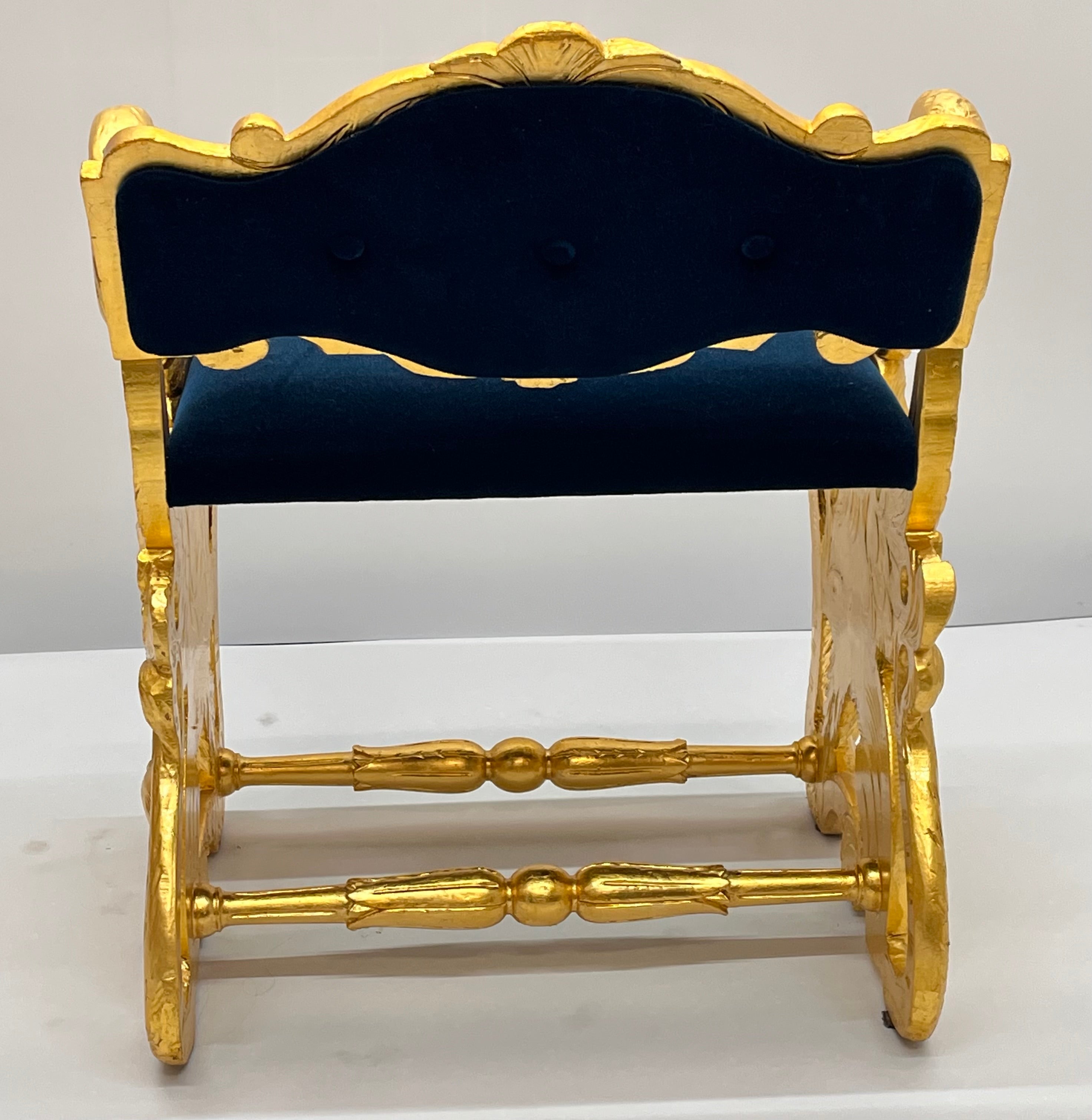 Antique Federal Style Carved Gold Gilt Swan and Eagle Carousel Bench Newly Reupholstered in Blue Mohair Seat