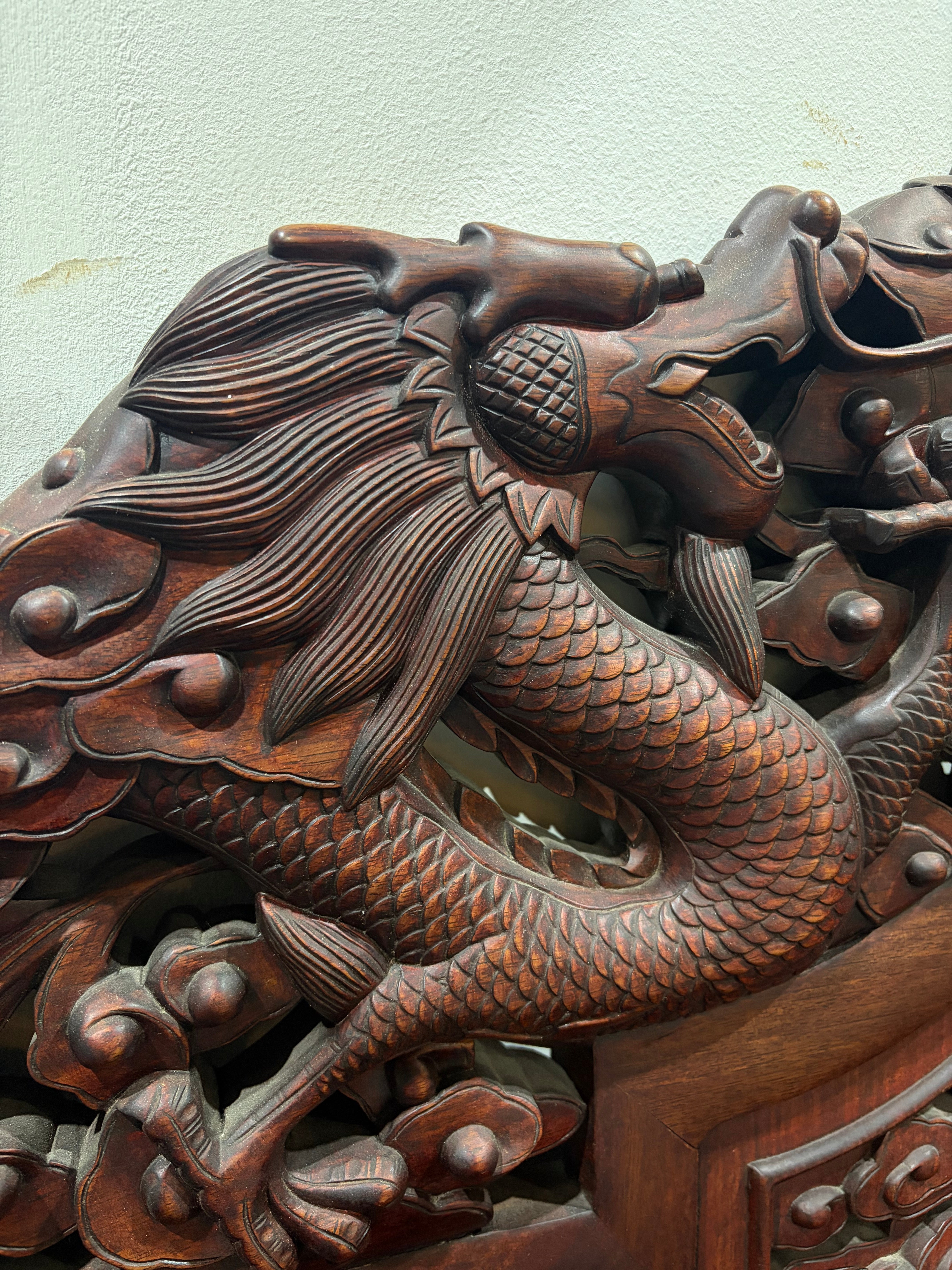Chinese Carved Dragon Settee With Burgundy Mohair Upholstery