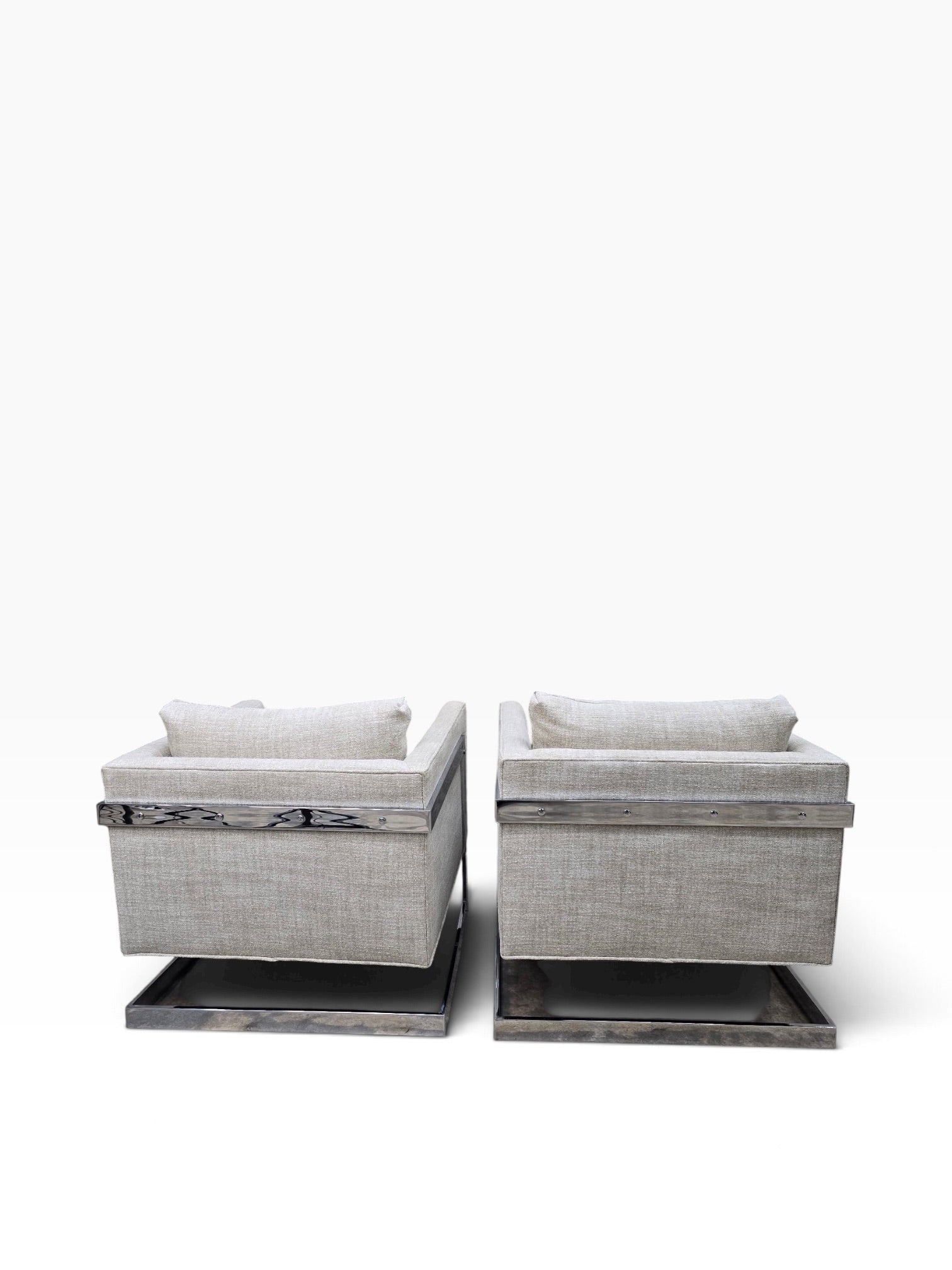 Mid Century Modern Milo Baughman Chrome Flat Bar Cantilever Club Chairs Newly Reupholstered in Natural Linen – Pair
