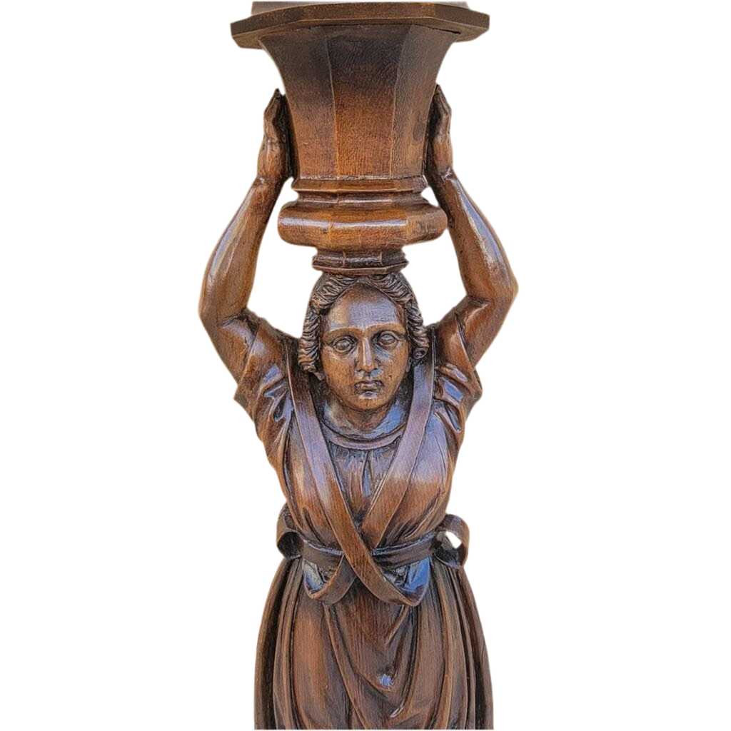 Antique Carved Walnut Figural Lamp with Shade