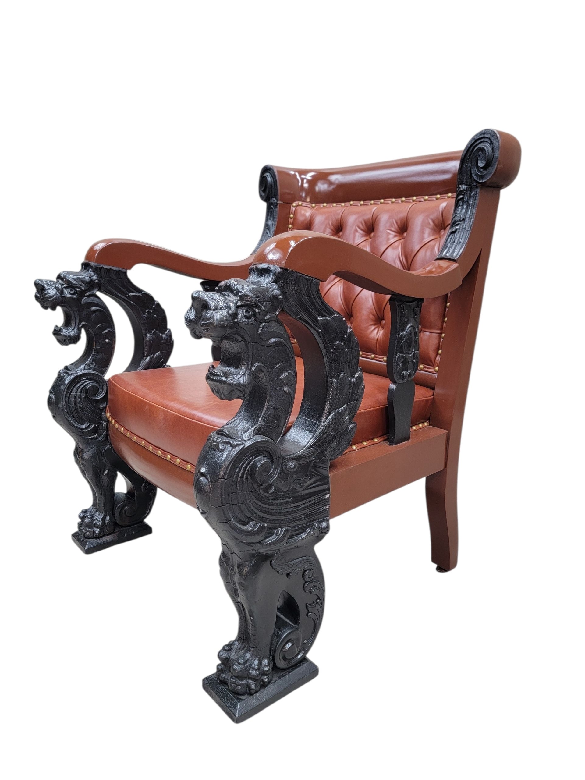 Antique R.J. Horner Style Carved Winged Griffin Tufted Parlor Set Newly Restored & Reupholstered in Leather - 3 Piece Set