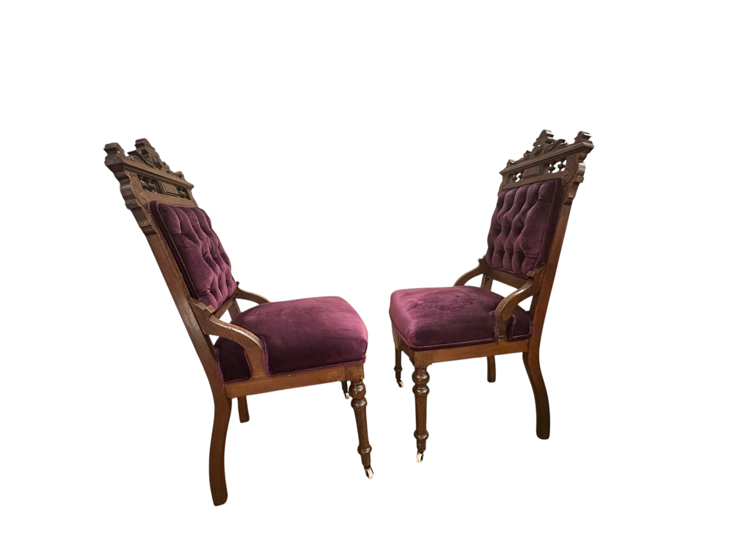 Antique Victorian Eastlake Style 3 Piece Carved Ornate Parlor Set Newly Reupholstered in a Purple Velvet