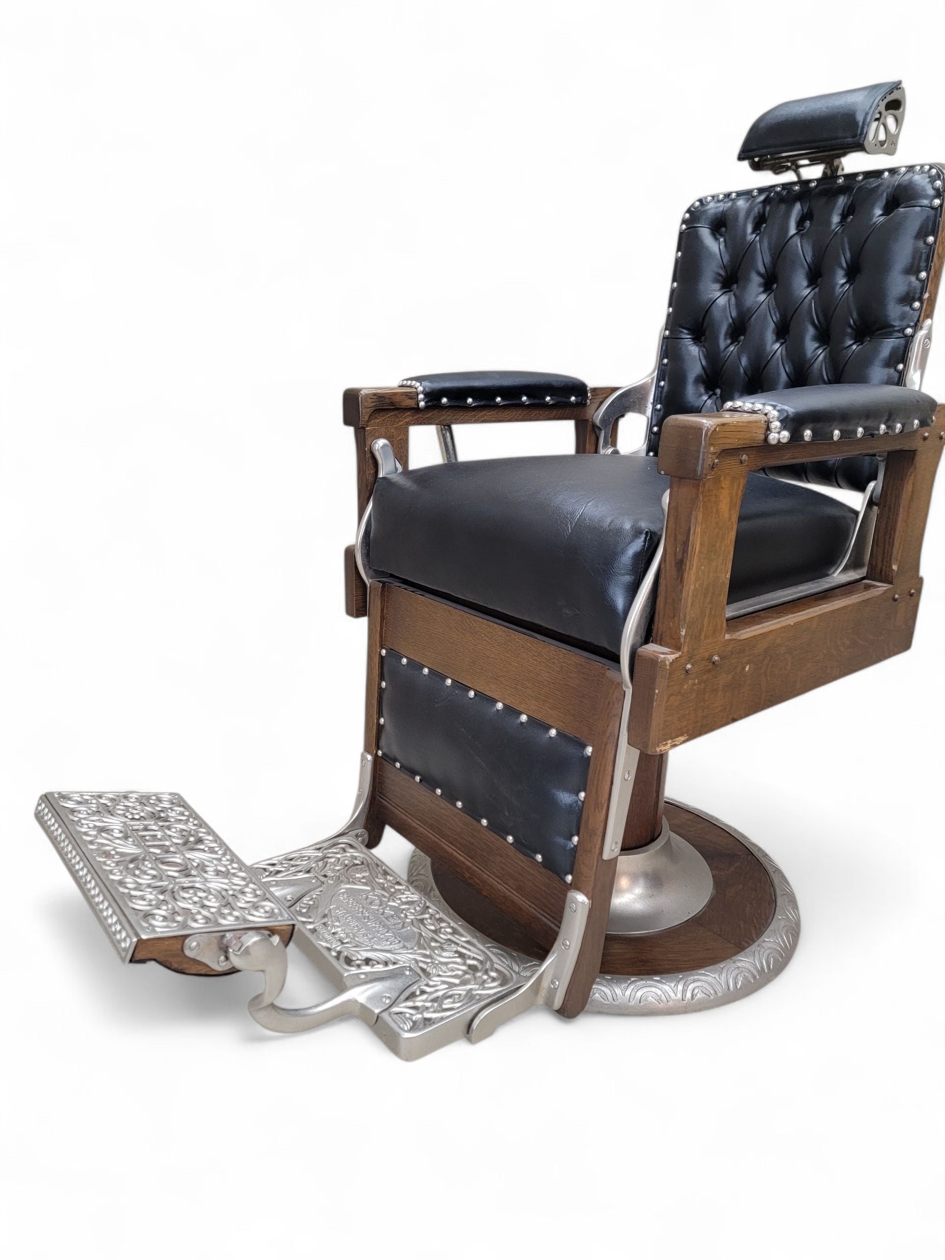 Antique Koken Restored Quartersawn Oak Barber Chairs in Black Leather – Set of 3