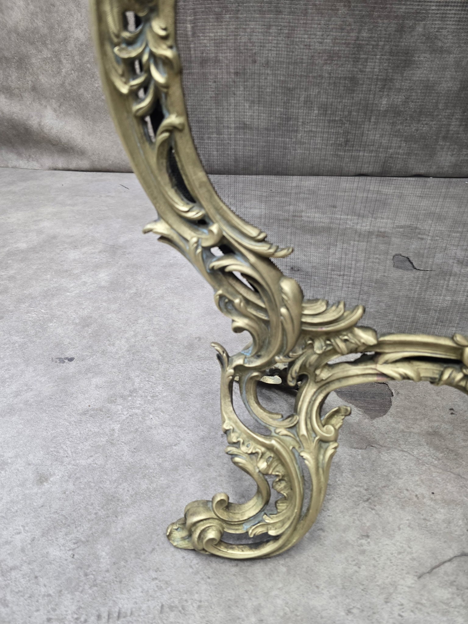 Antique Louis Style French Brass Cherub and Floral Free Standing Fire Screen