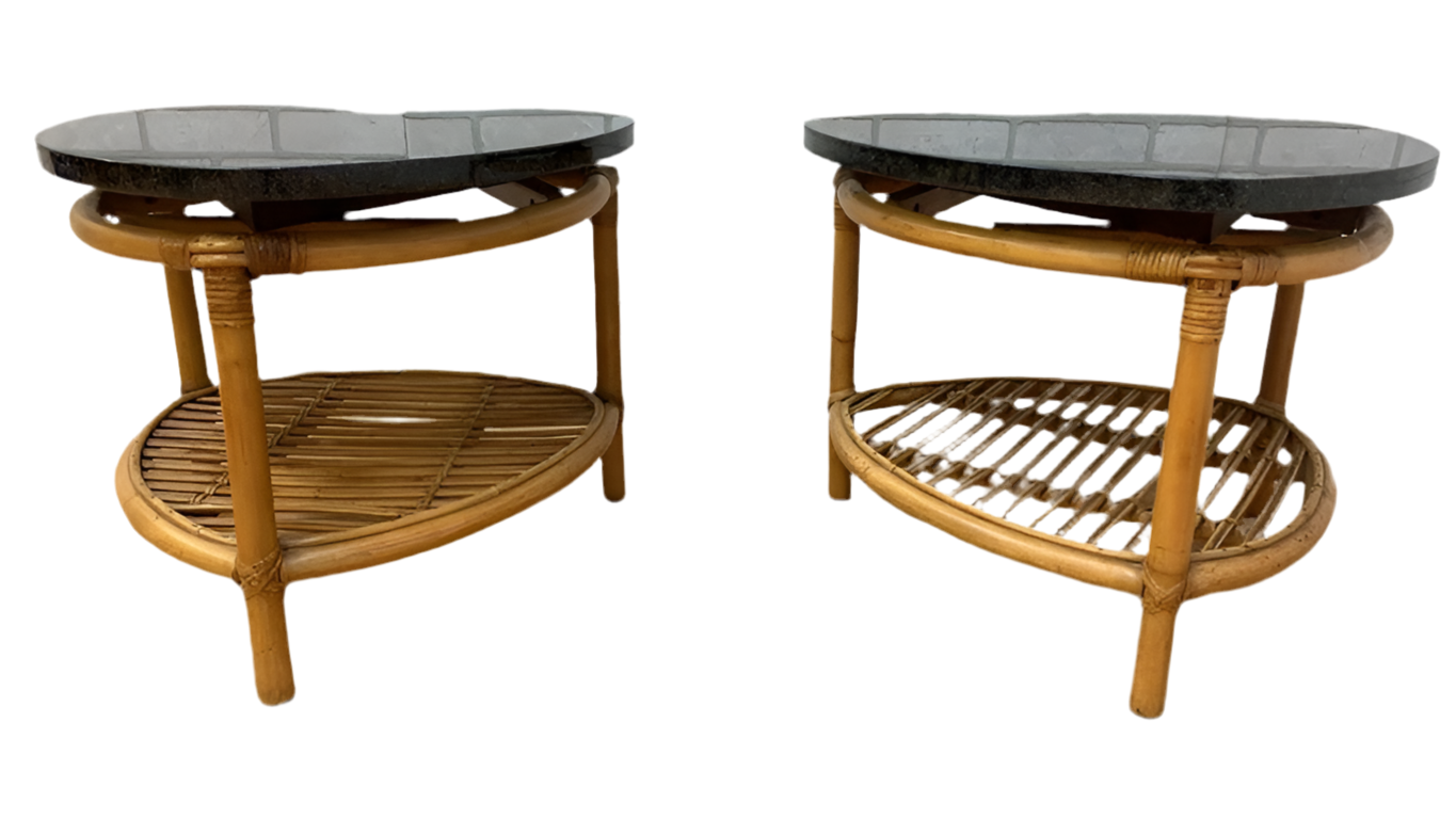 Vintage Paul Frankl Style Coastal Rattan Side Tables - Pair
