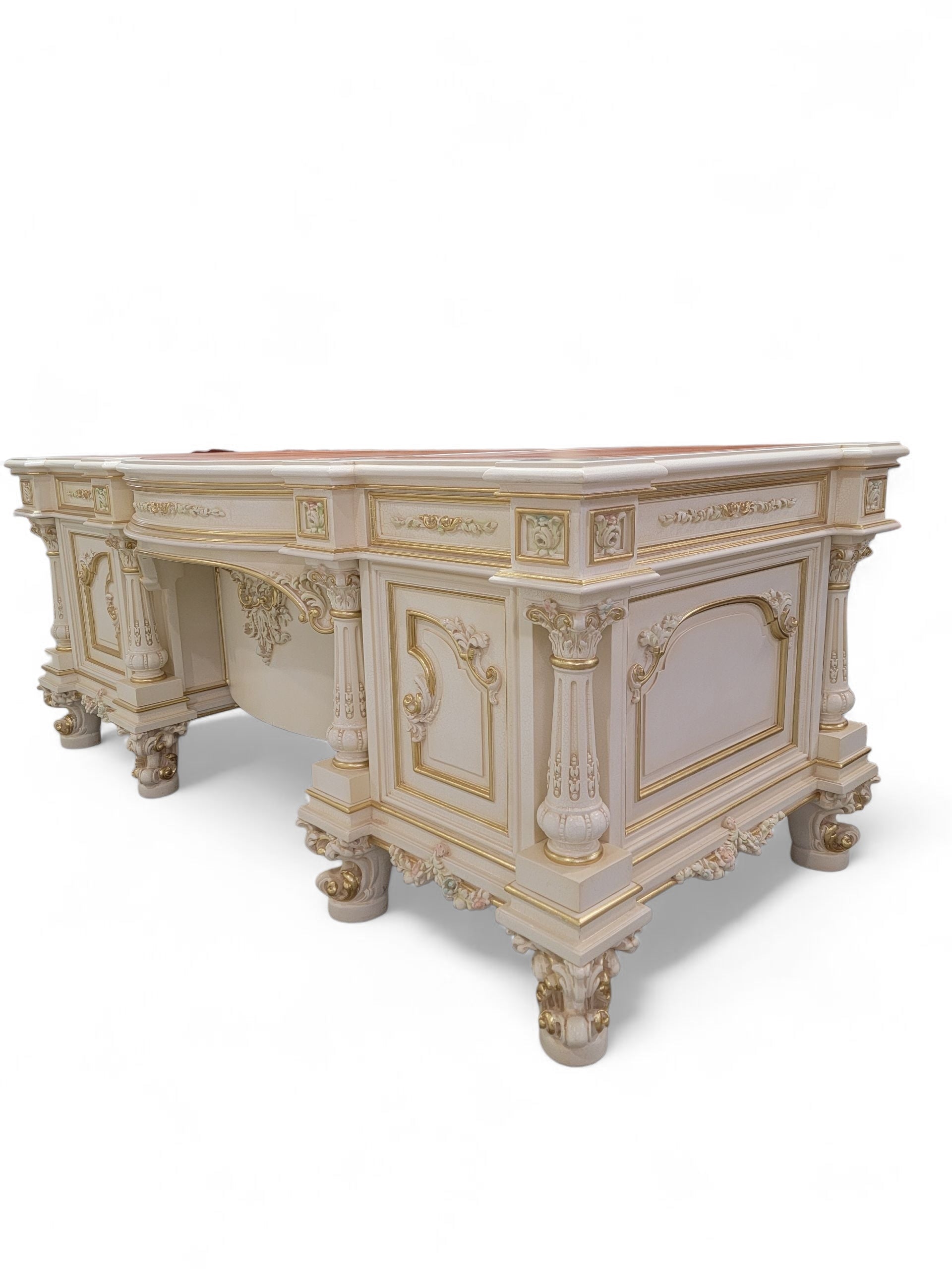 Vintage Custom Venetian Antique Rococo Style Antique White Carved Executive Desk