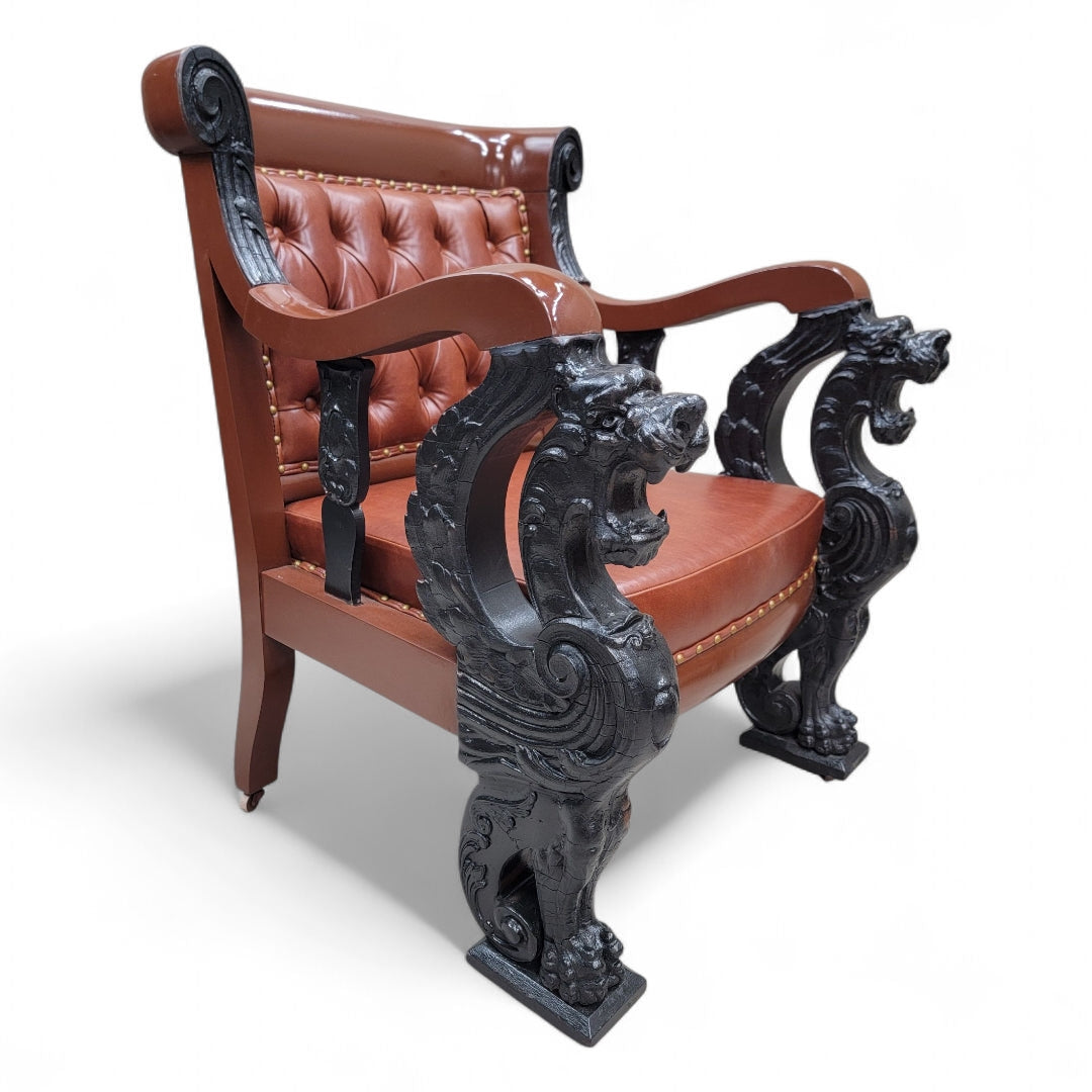 Antique R.J. Horner Style Carved Winged Griffin Tufted Parlor Set Newly Restored & Reupholstered in Leather - 3 Piece Set