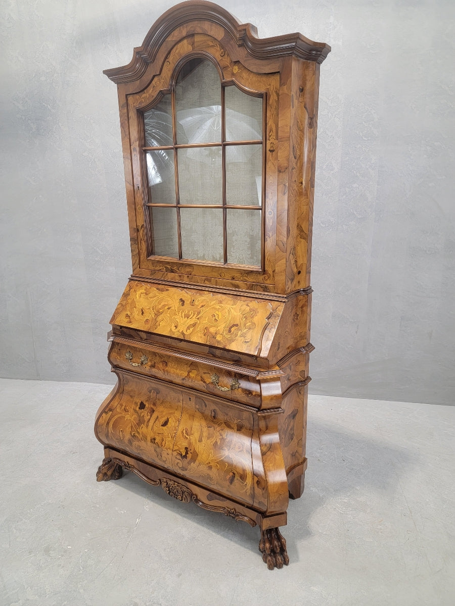 Vintage Italian Baroque Style Marquetry Inlay Carved Flip-Down Secretary Display Cabinet