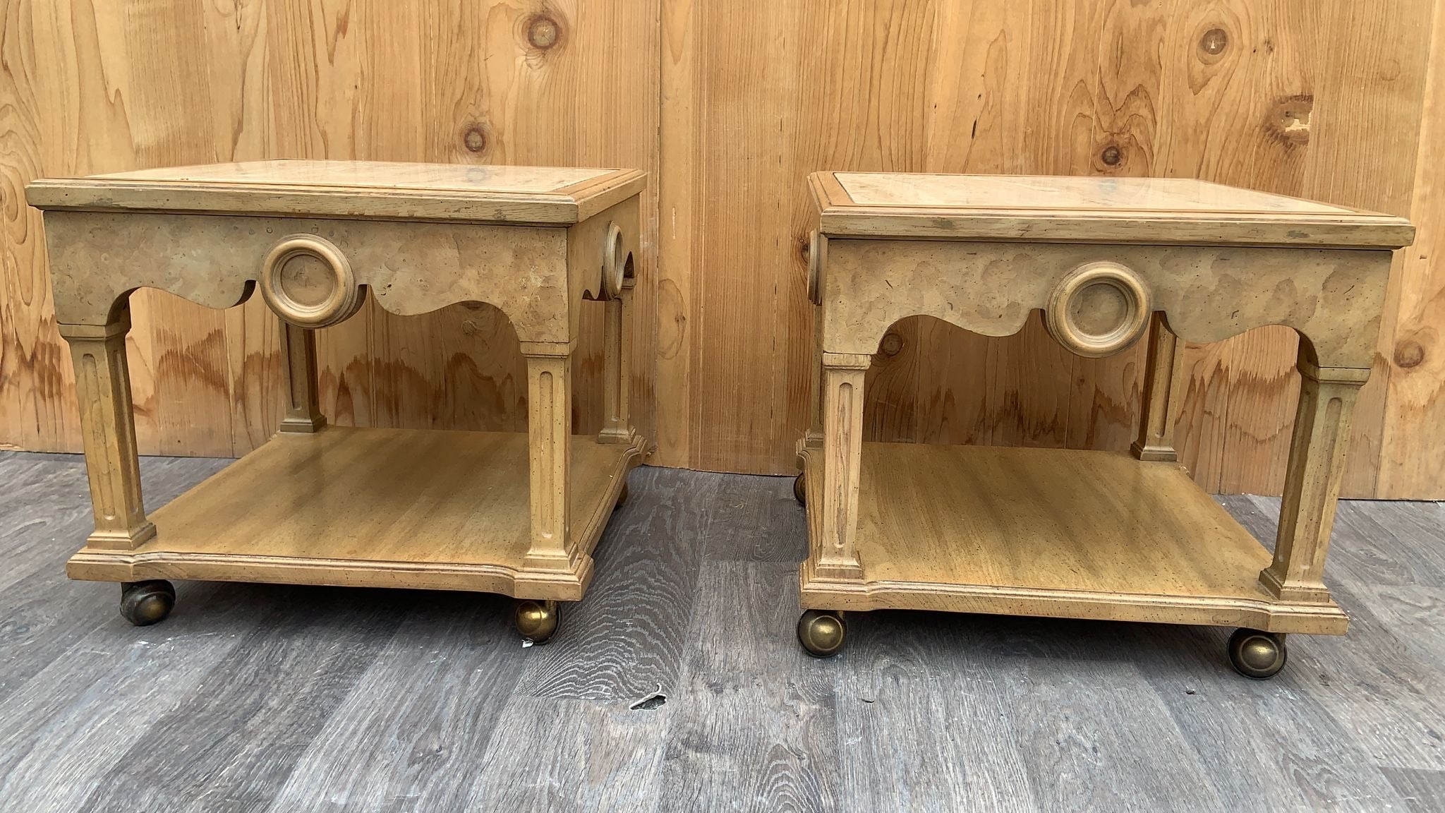 Vintage Italian Neoclassical Style Pickled Wood End Tables with/ Travertine Tops - Pair of 2