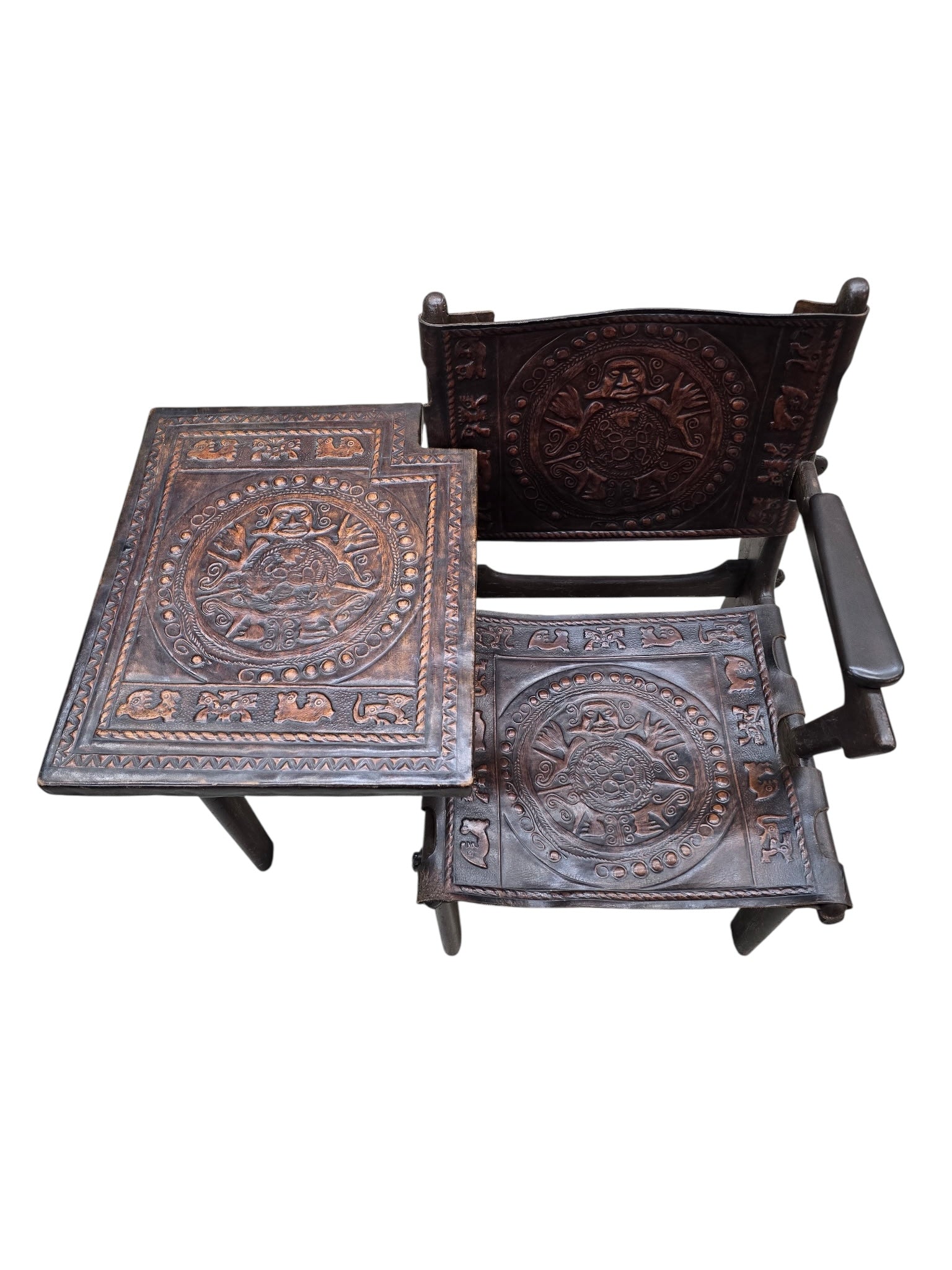 Vintage Rustic Tooled Leather Primitive Gossip Chair by Angel Pazmino