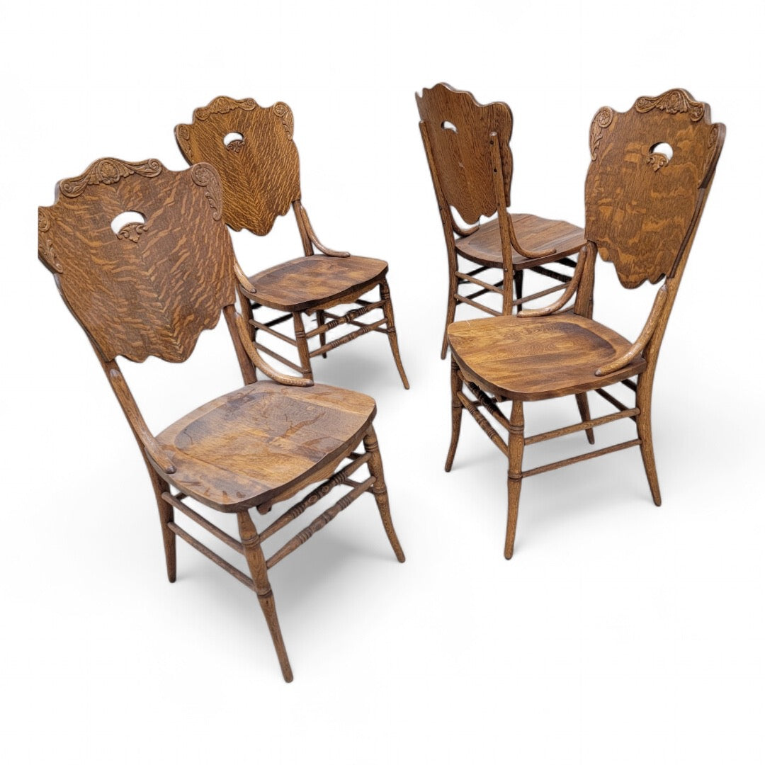 Antique Bent Quarter-Sawn Oak Cut Out Back Chairs - Set of 4