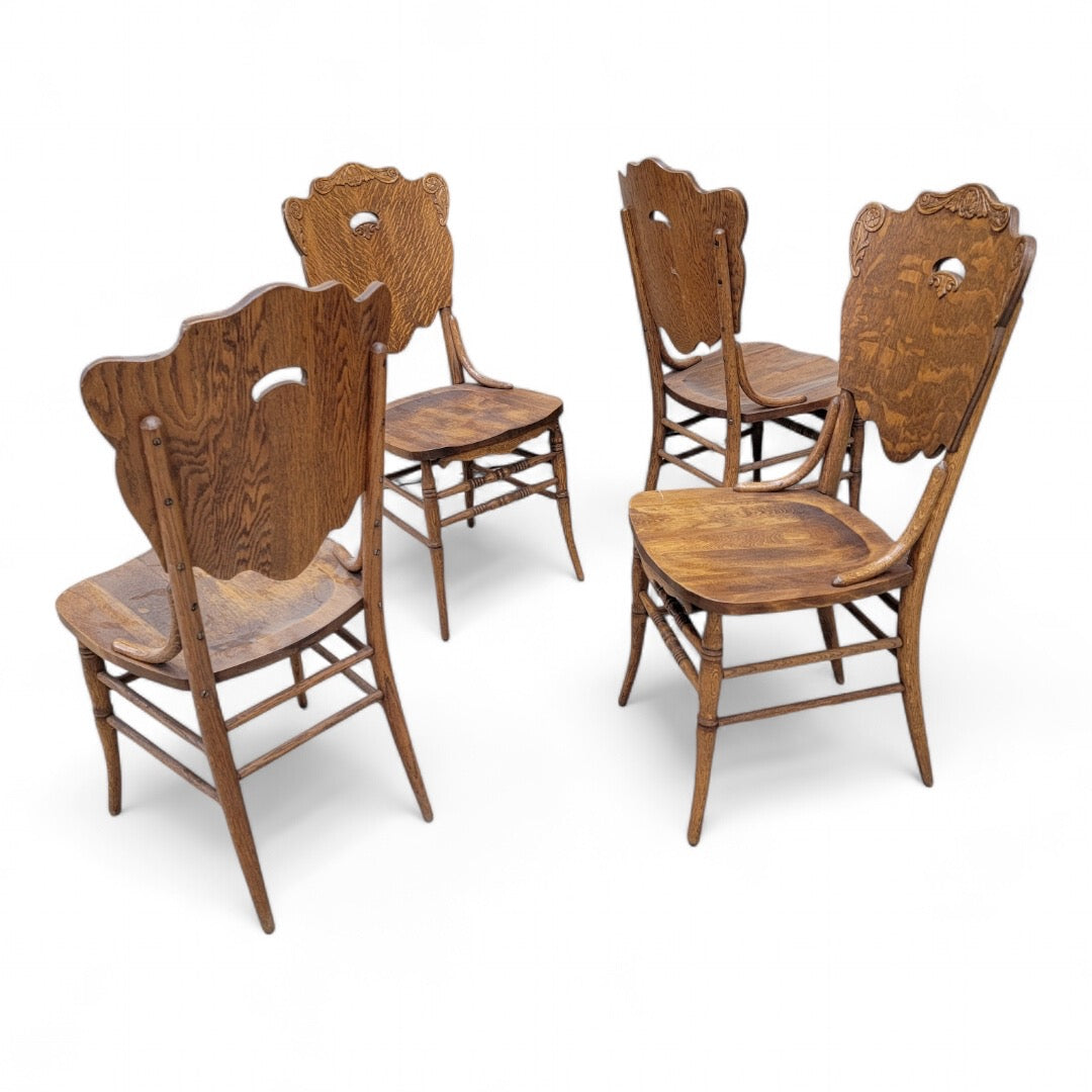 Antique Bent Quarter-Sawn Oak Cut Out Back Chairs - Set of 4