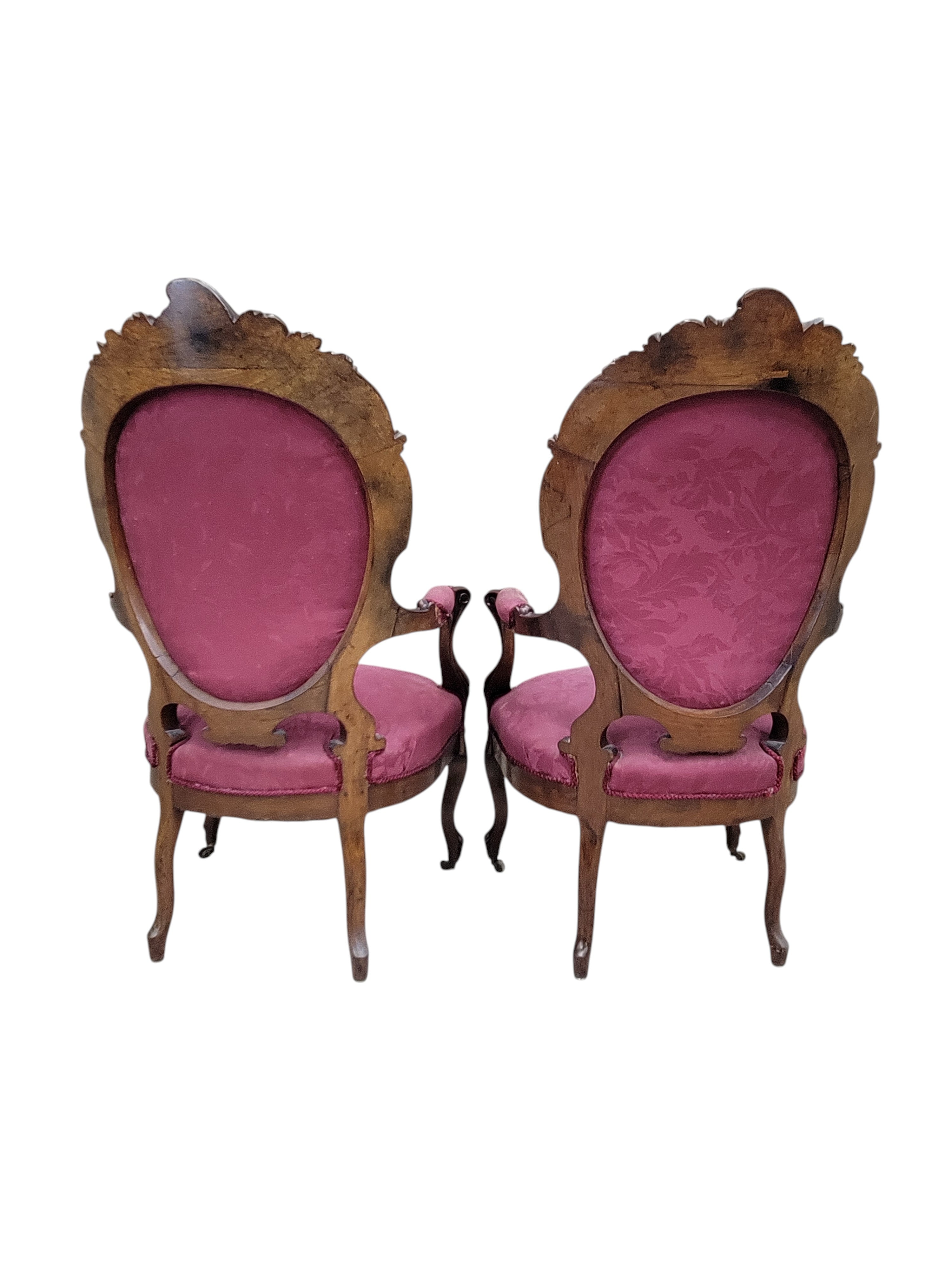 Antique French Napoleon III Carved Walnut Medallion Back Parlor Chairs – Pair