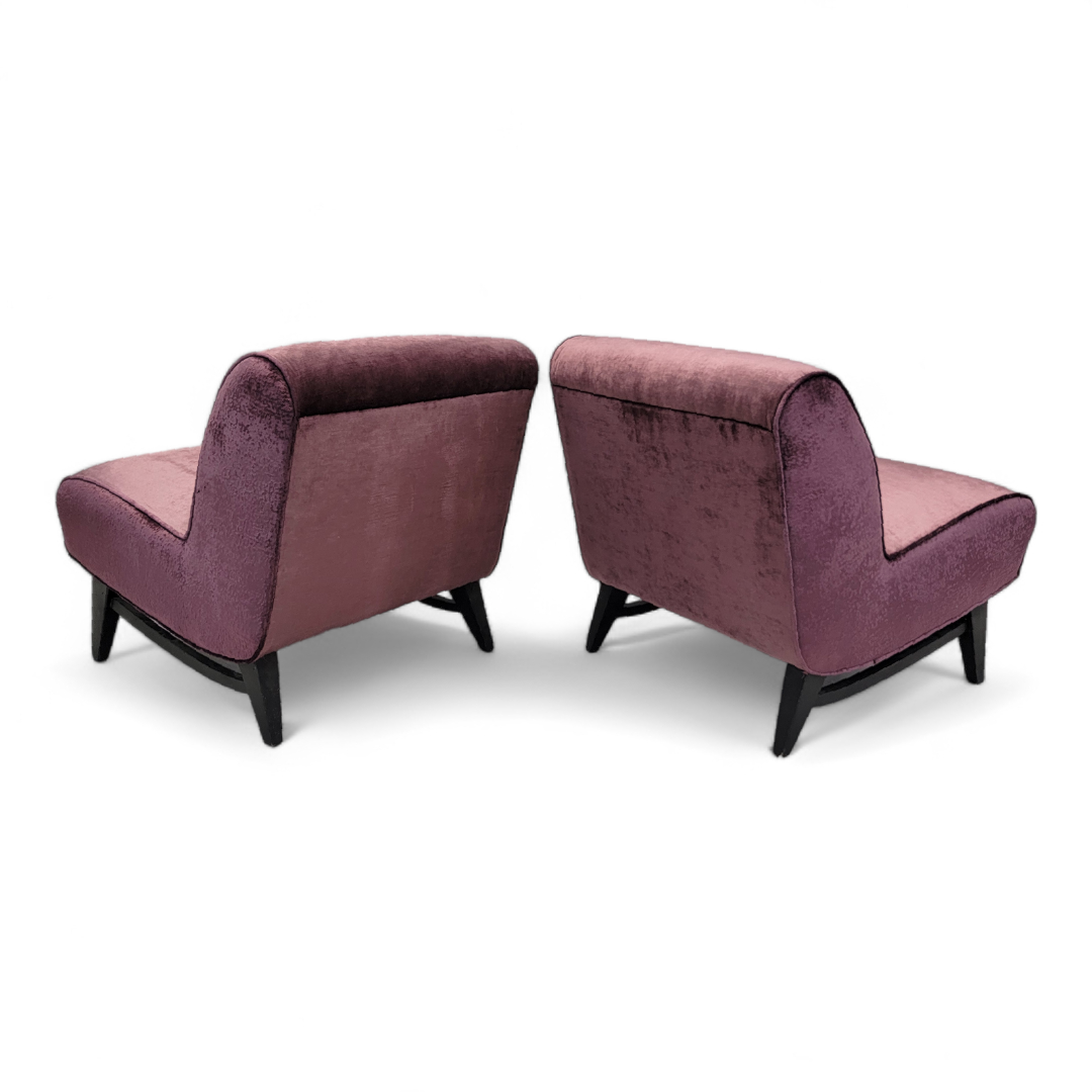 Mid Century Modern Slipper Chairs Newly Upholstered in a High End "Red Raspberry" Velvet - Pair
