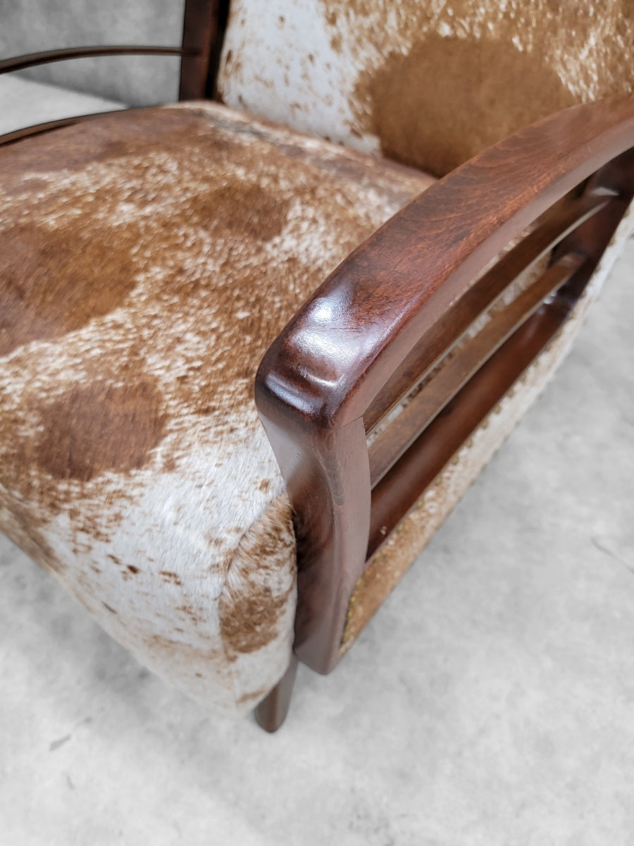 Vintage French Art Deco Arched Wood Bridge Arm Lounge Chairs Newly Upholstered in Cowhide - Pair