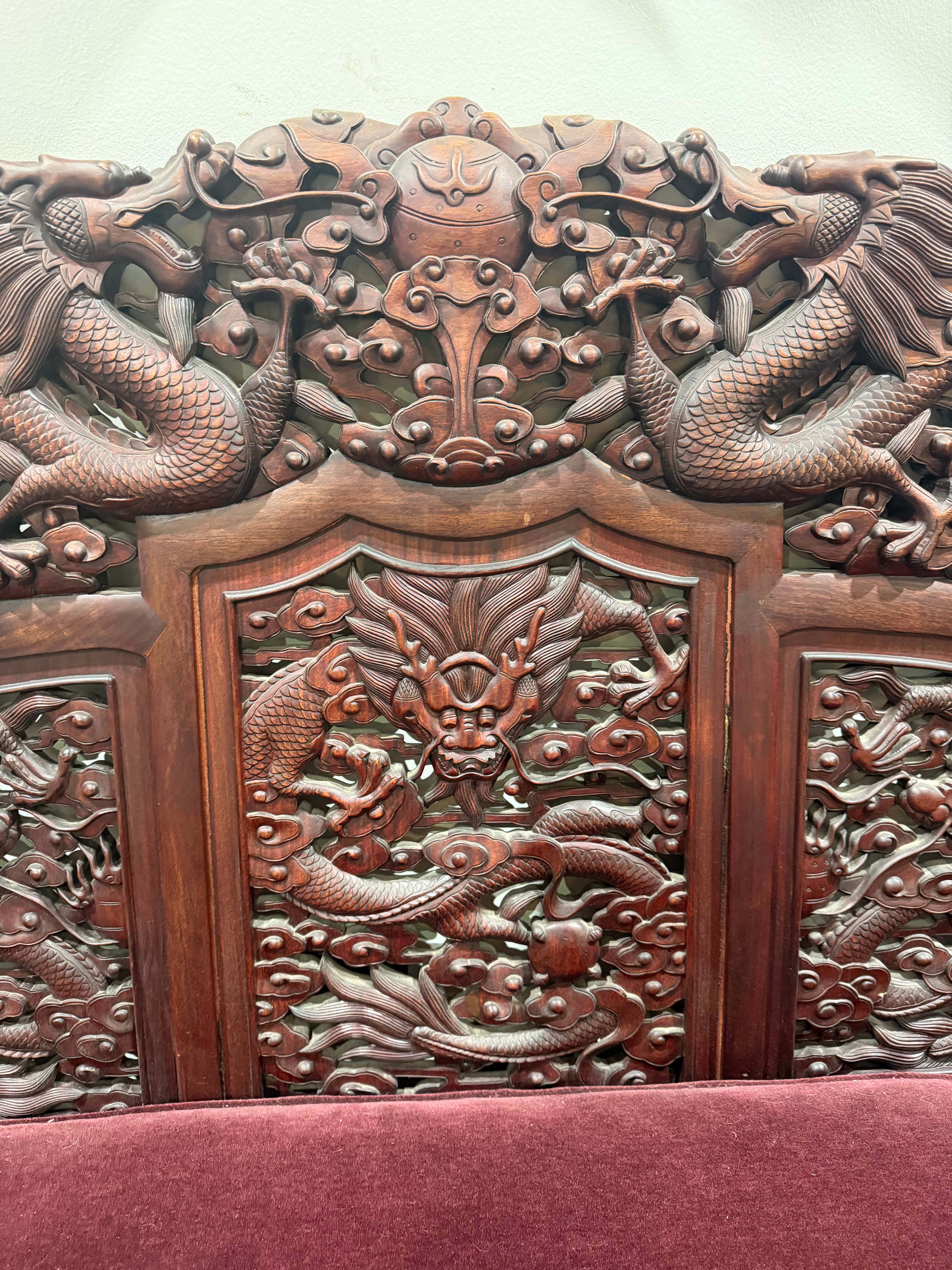 Chinese Carved Dragon Settee With Burgundy Mohair Upholstery