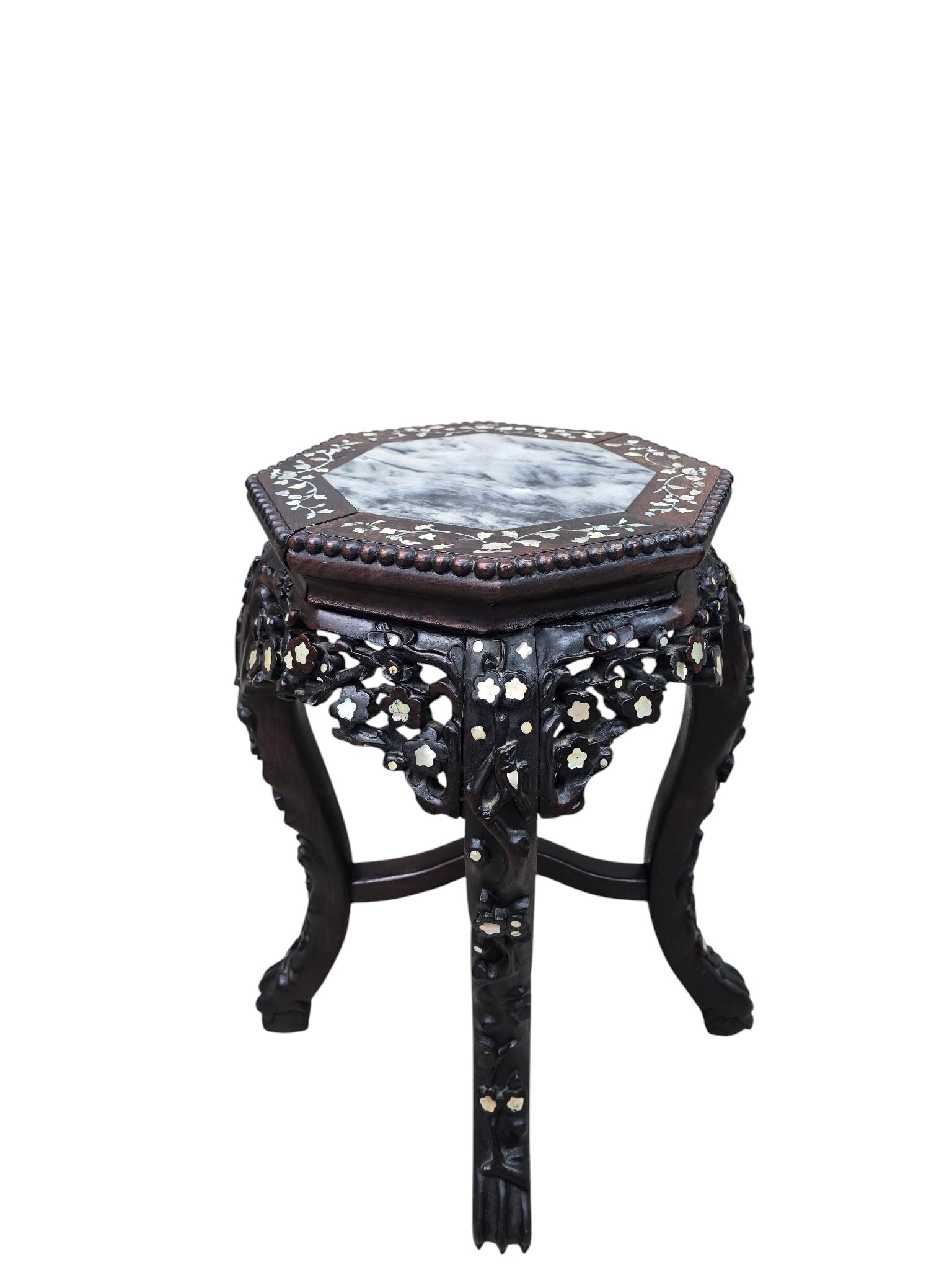 Antique Chinese Carved Hardwood Side Table with Marble Insert & Mother-of-Pearl Inlay