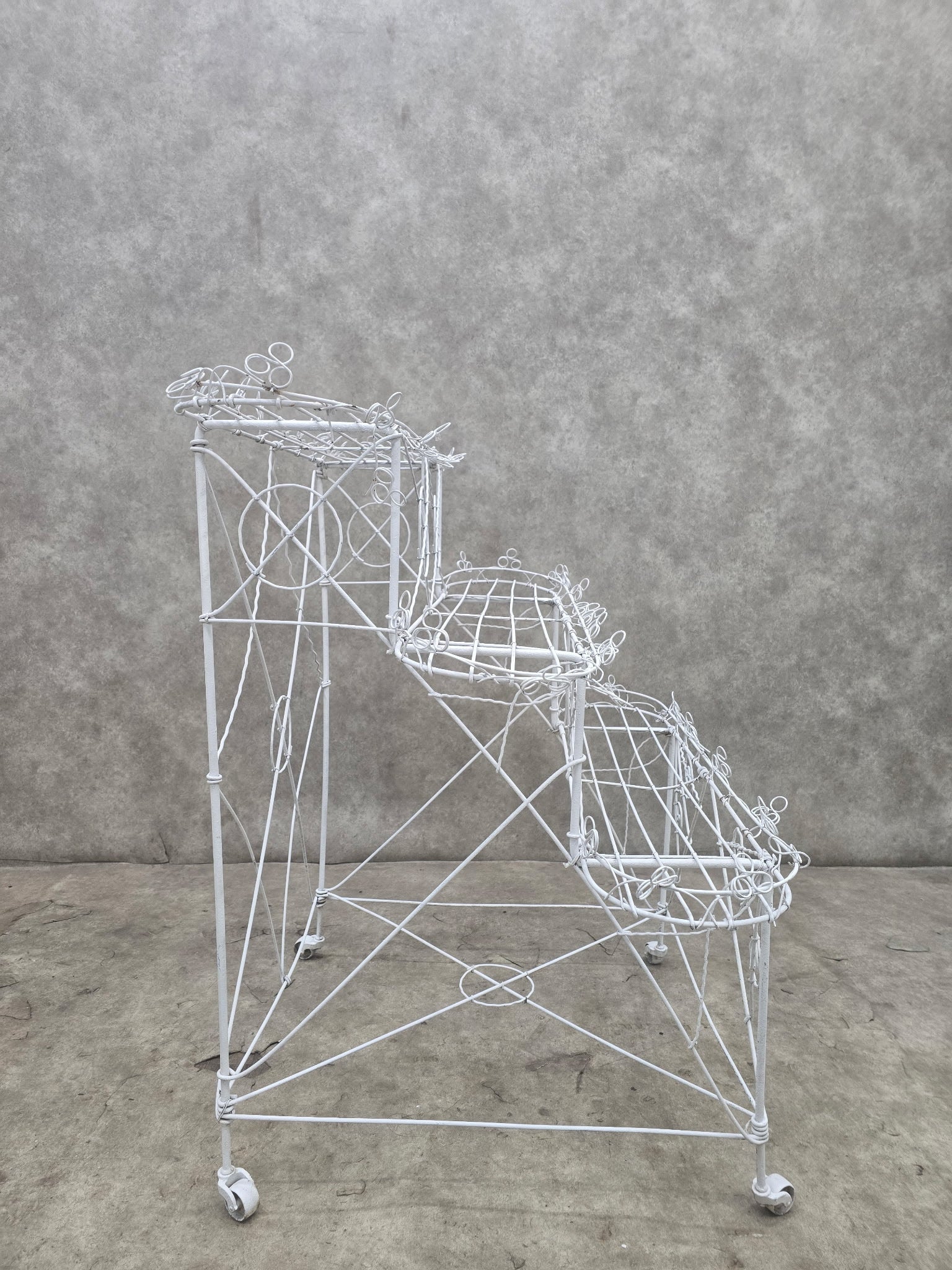 Vintage White Wire 3-Tier Rolling Plant Stand on Casters