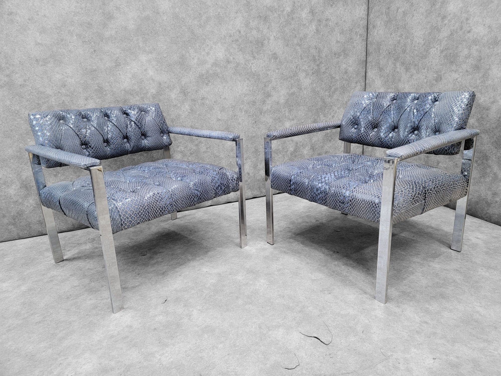 Mid Century Modern Milo Baughman Style Chrome Button Tufted Lounge Chairs Newly Upholstered in Leather - Pair