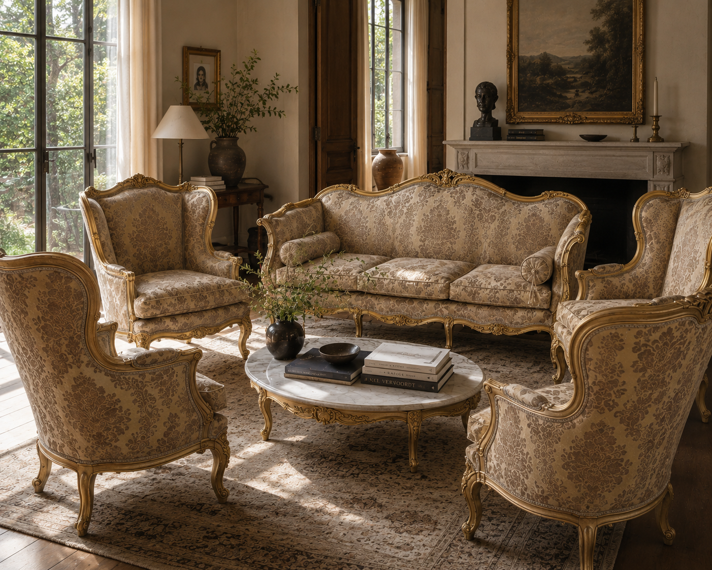 Antique French Regency Style Carved Gilded 5 Piece Parlor Set