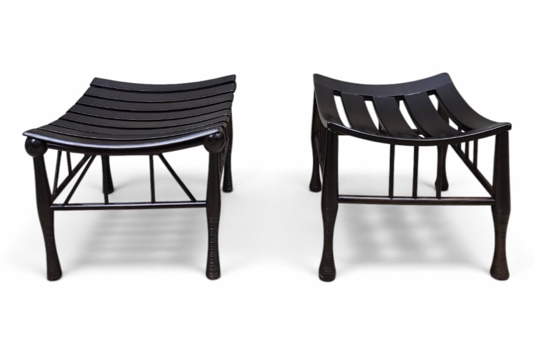Asian-Inspired Black Wood Slatted Stools with Sculptural Curved Seats - Pair