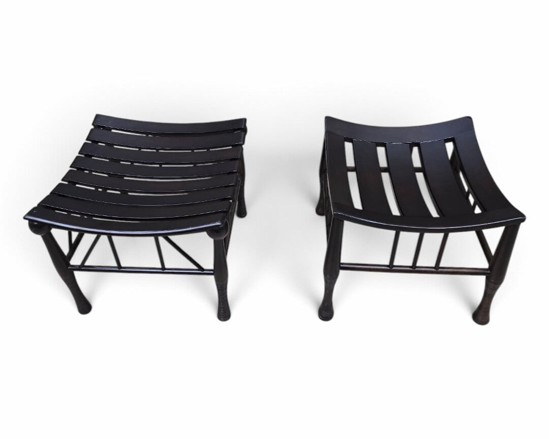 Asian-Inspired Black Wood Slatted Stools with Sculptural Curved Seats - Pair