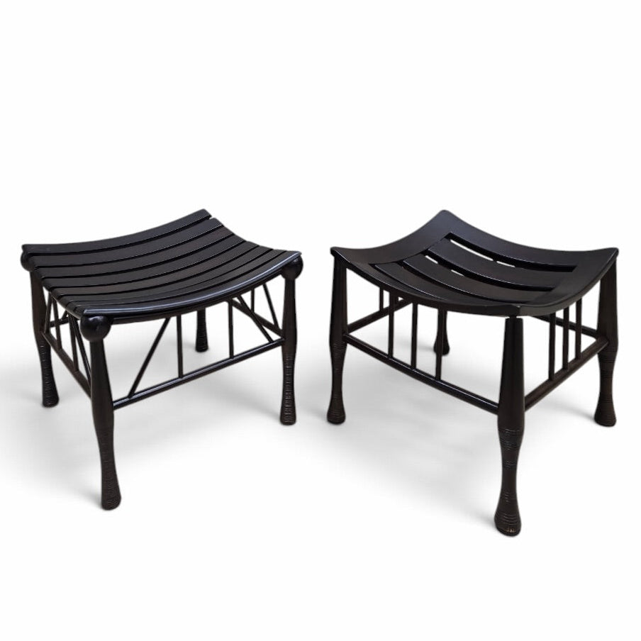 Asian-Inspired Black Wood Slatted Stools with Sculptural Curved Seats - Pair