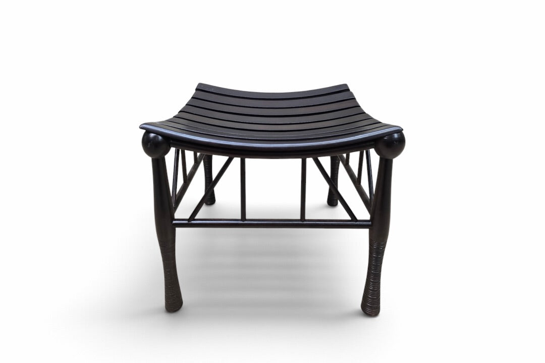 Asian-Inspired Black Wood Slatted Stools with Sculptural Curved Seats - Pair