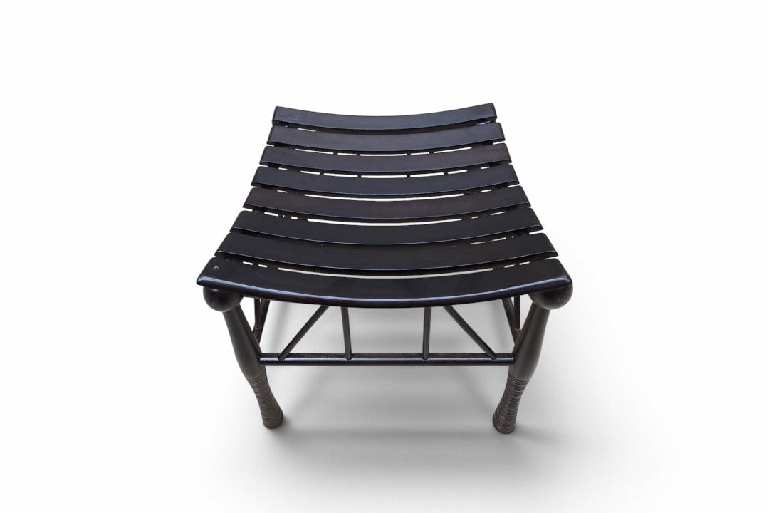 Asian-Inspired Black Wood Slatted Stools with Sculptural Curved Seats - Pair