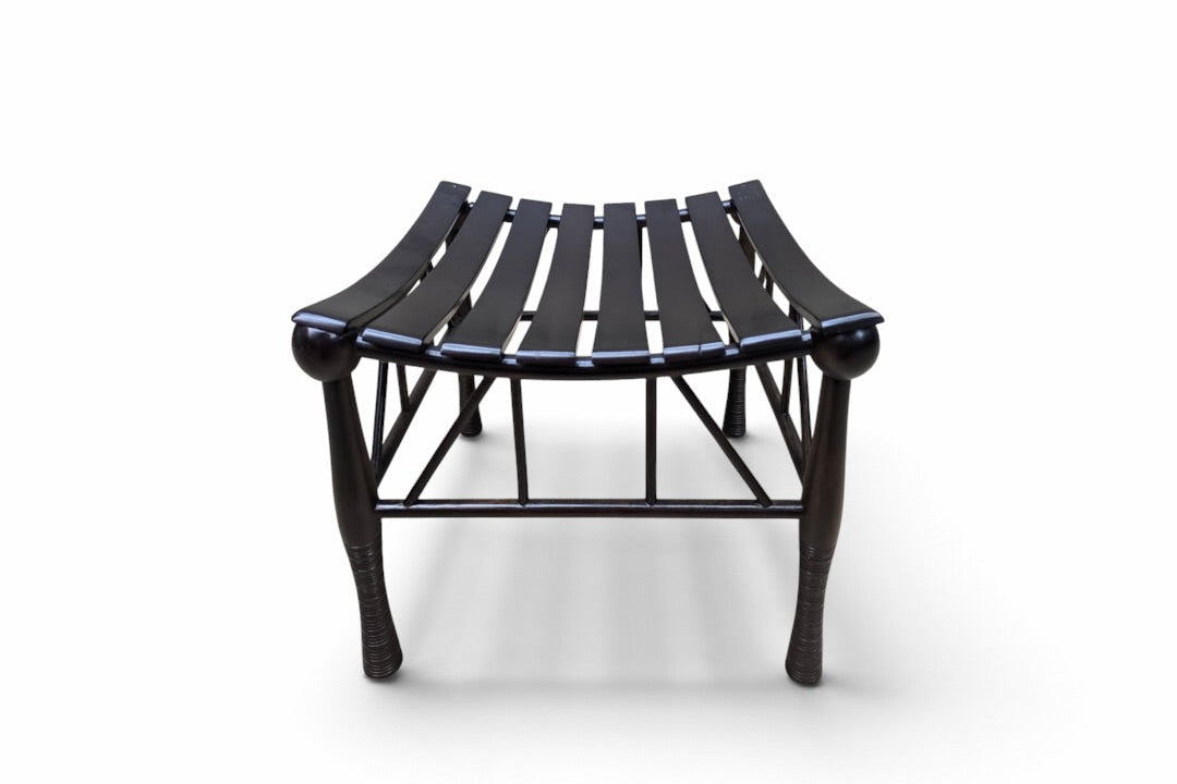 Asian-Inspired Black Wood Slatted Stools with Sculptural Curved Seats - Pair