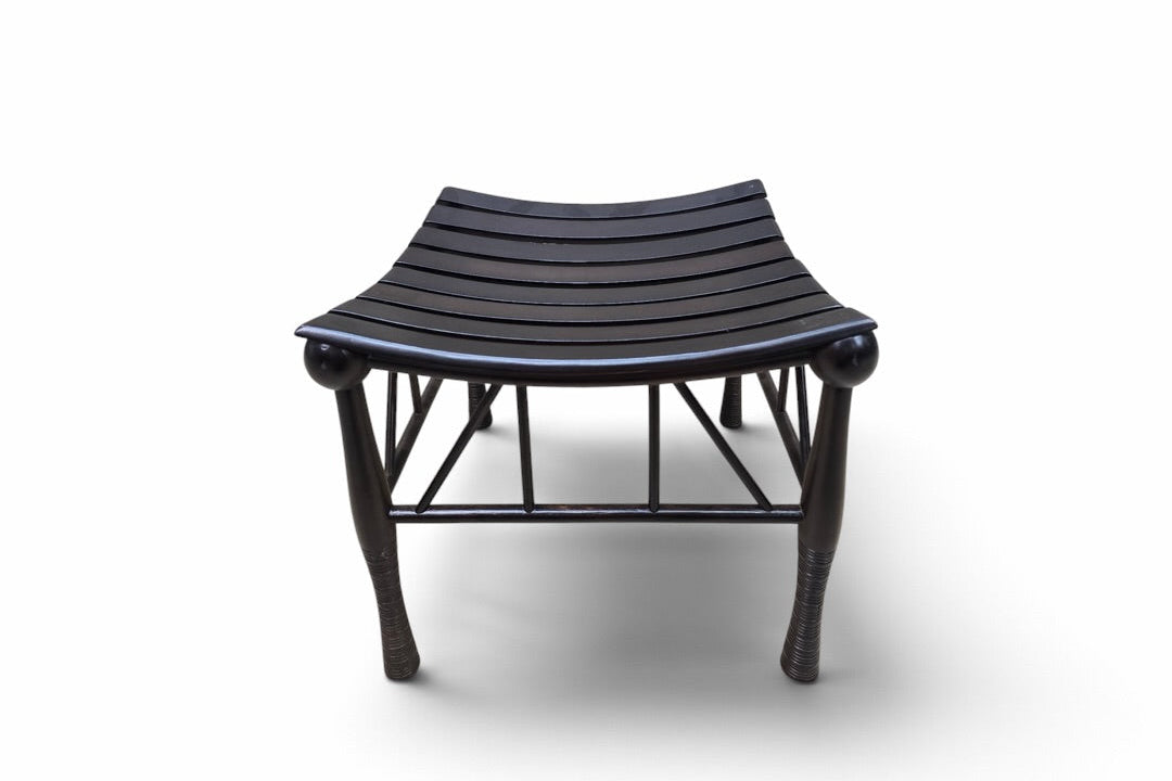 Asian-Inspired Black Wood Slatted Stools with Sculptural Curved Seats - Pair