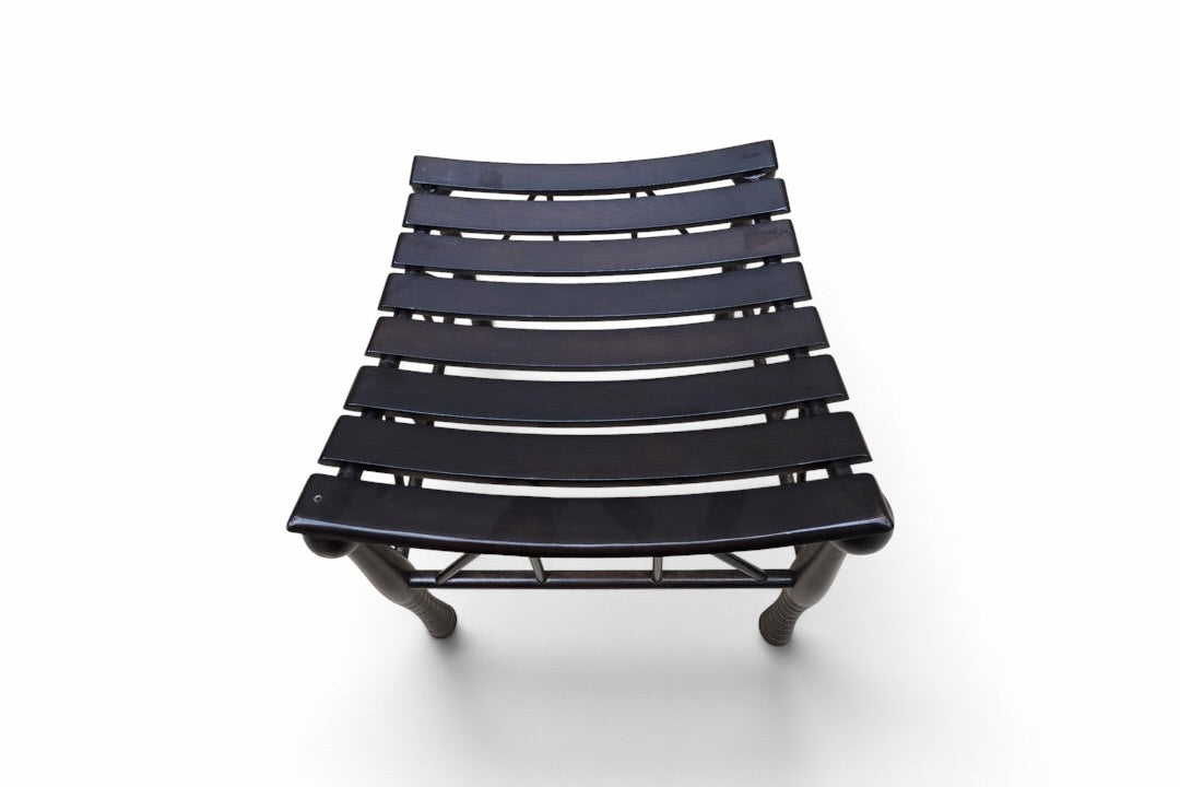 Asian-Inspired Black Wood Slatted Stools with Sculptural Curved Seats - Pair