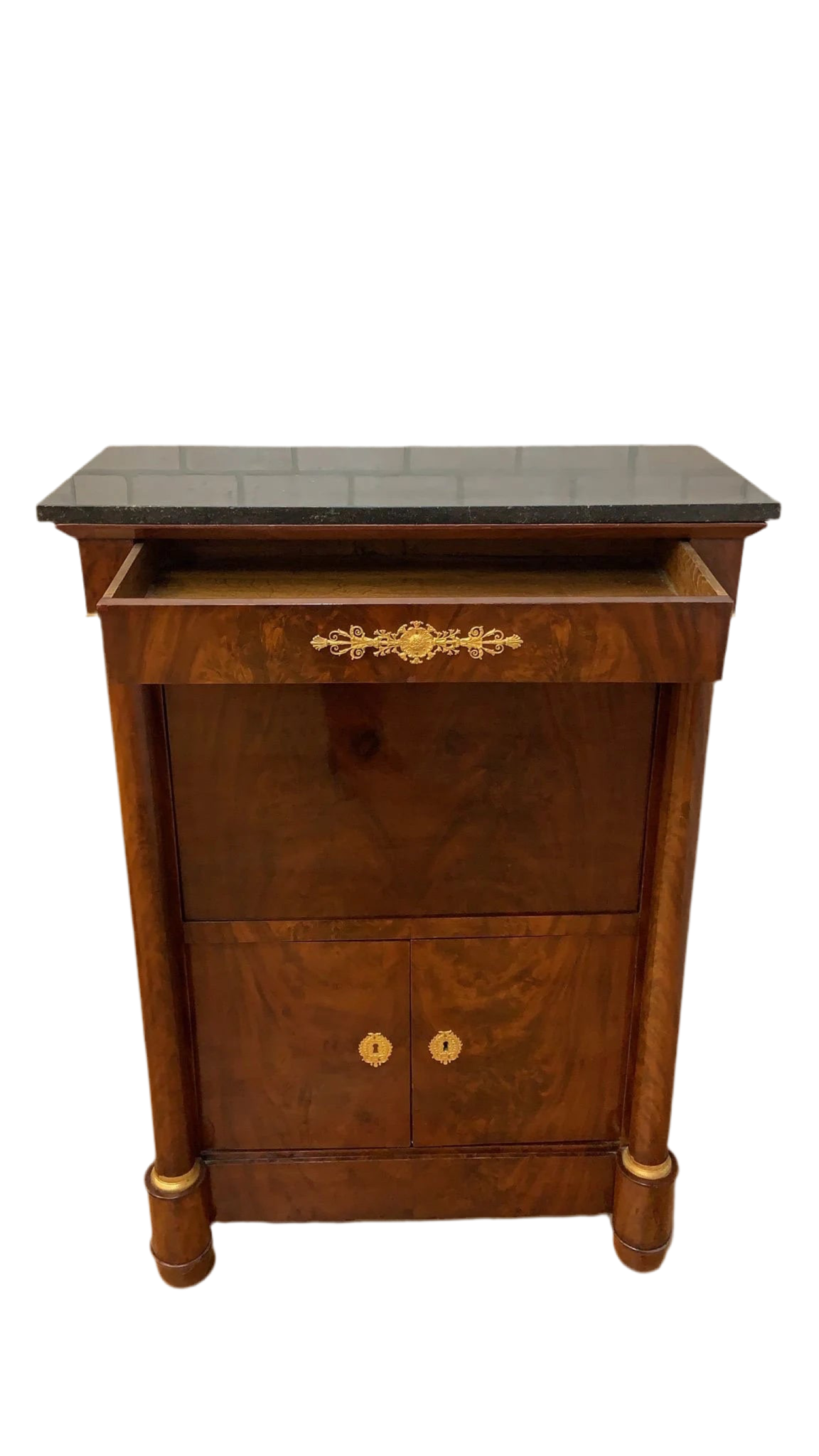 Antique French Empire Mahogany Gilt-Bronze Marble-Top Abattant Secretary Desk
