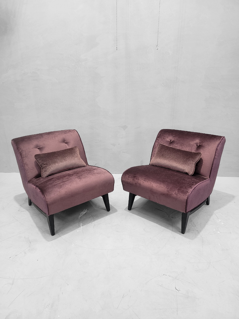 Mid Century Modern Slipper Chairs Newly Upholstered in a High End "Red Raspberry" Velvet - Pair