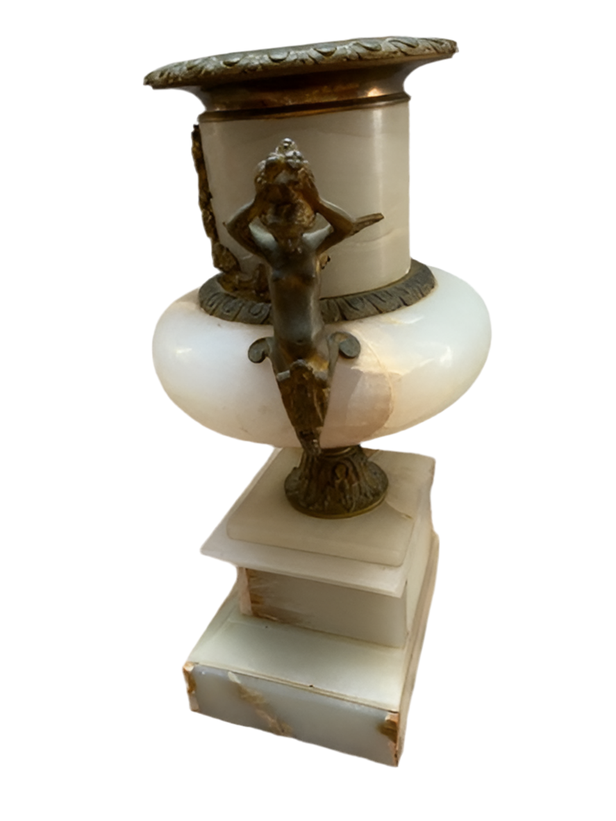 Antique French Louis XVI Style Ornate Figural Medallie D'Argent Vincenti Mantel Clock and 2 Candelabras - Garniture Set