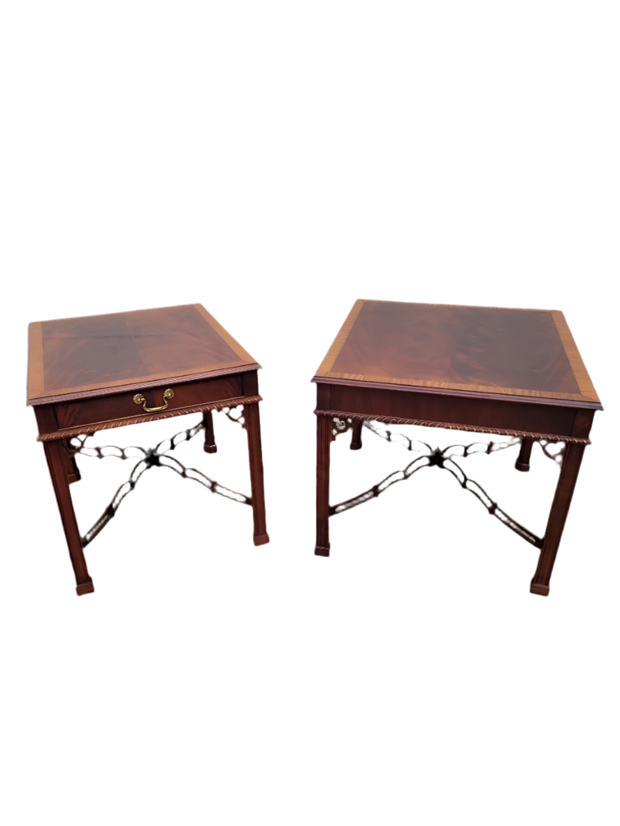 Vintage Drexel Heritage Chippendale Banded-Top Flame Mahogany Accent Tables - Set of 2