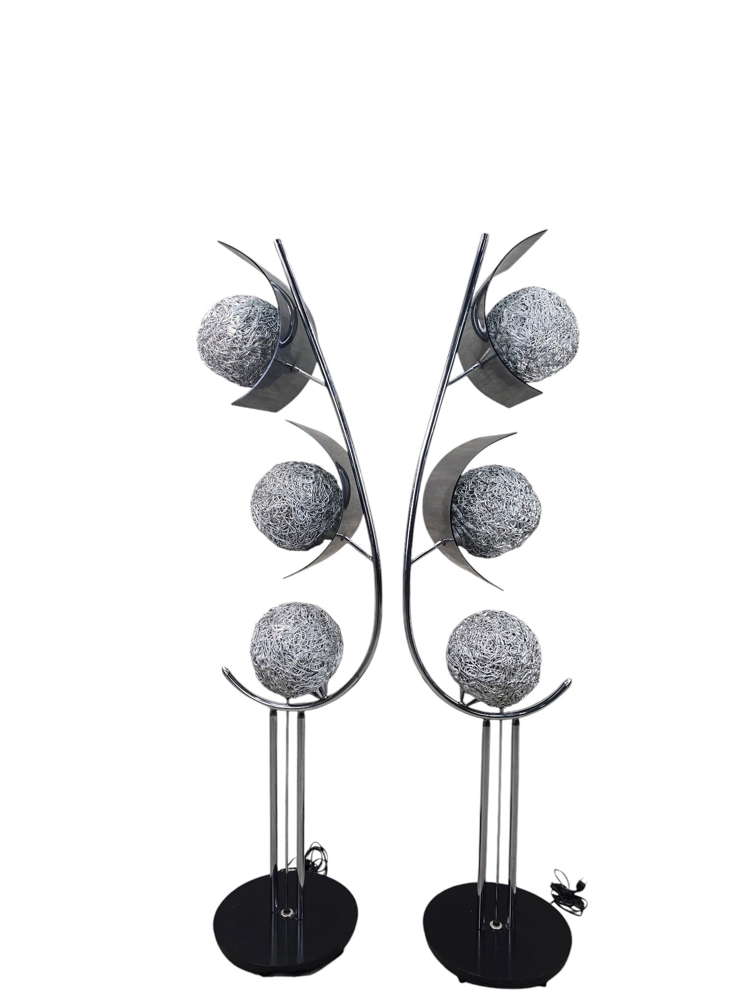 MCM Chrome Triple Light Lamps with Metal Spaghetti Shades – Pair