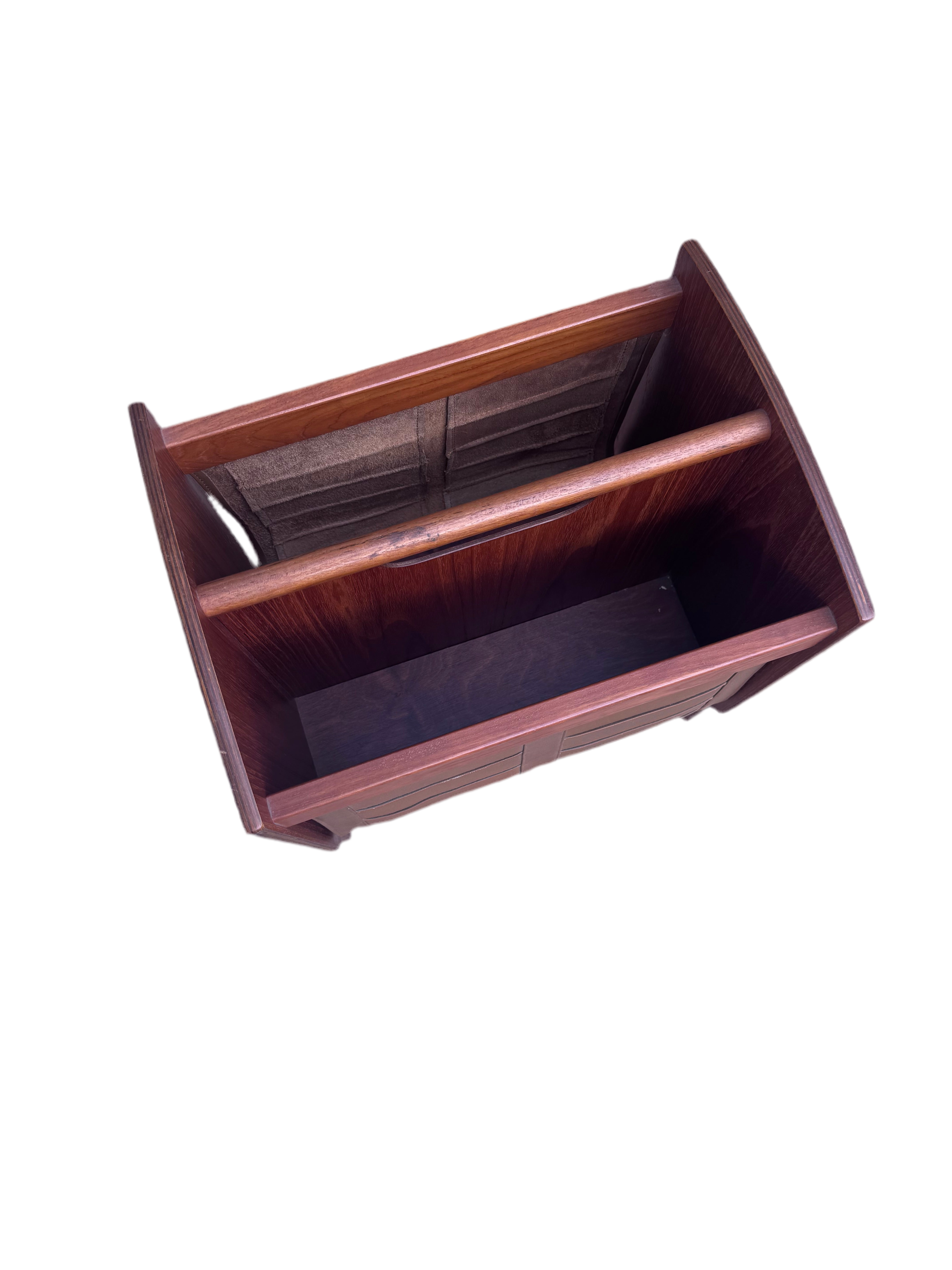 Vintage Scandinavian Wood and Leather Magazine Rack