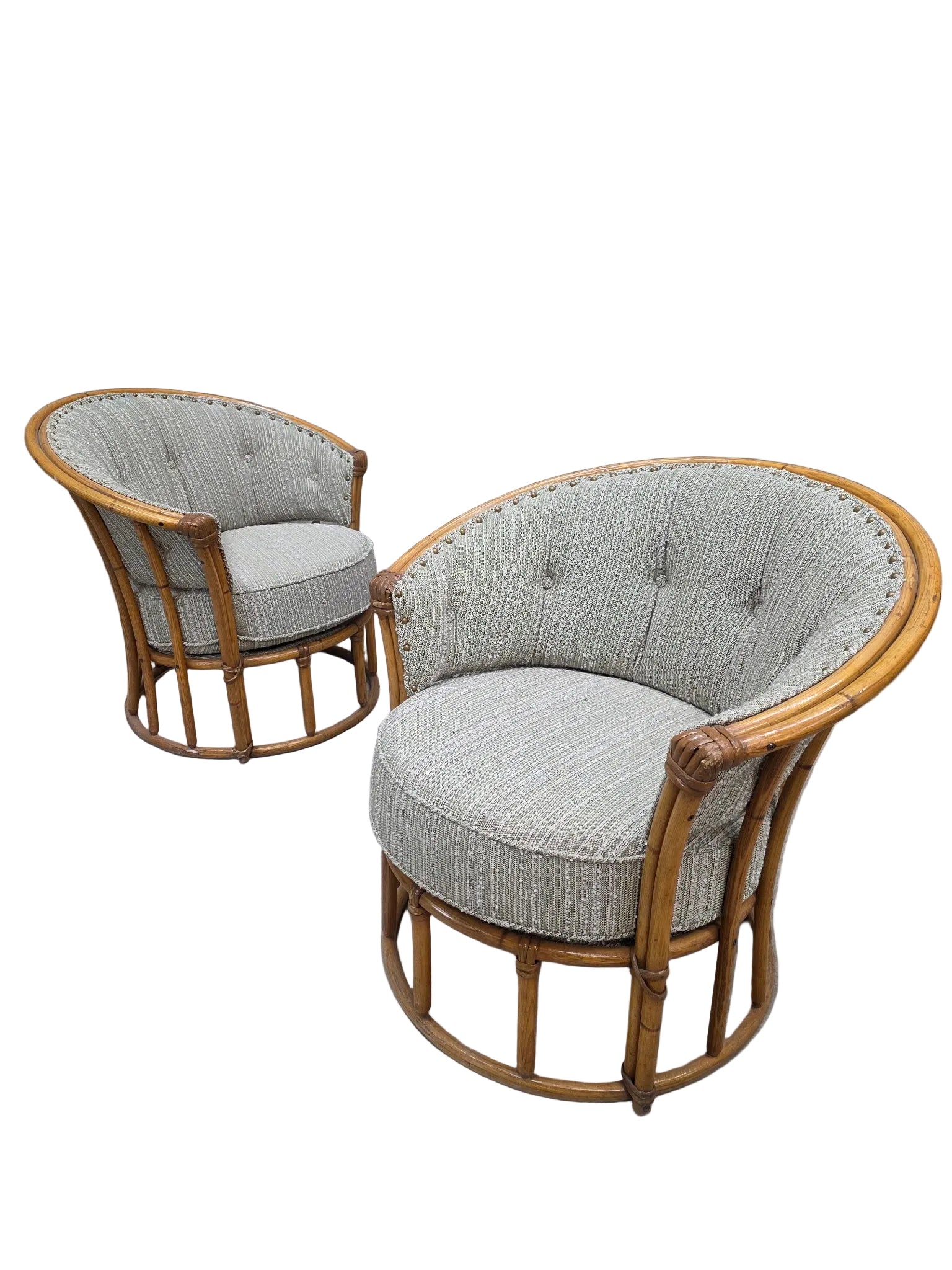 MCM Heywood Wakefield “Ashcraft” Bamboo Style Rattan Chairs Newly Reupholstered – Pair