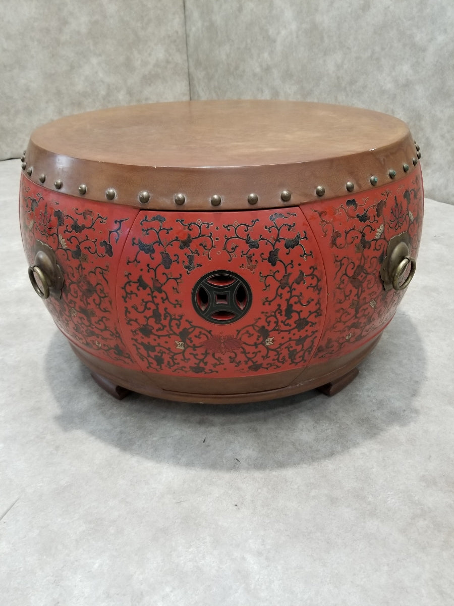 Vintage Asian Style Red Coromandel Drum Coffee/Side Table - Set of 5