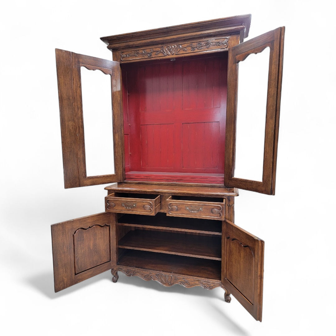 Antique French Provincial Carved Oak 2 Glass Door Display Storage Cabinet Buffet